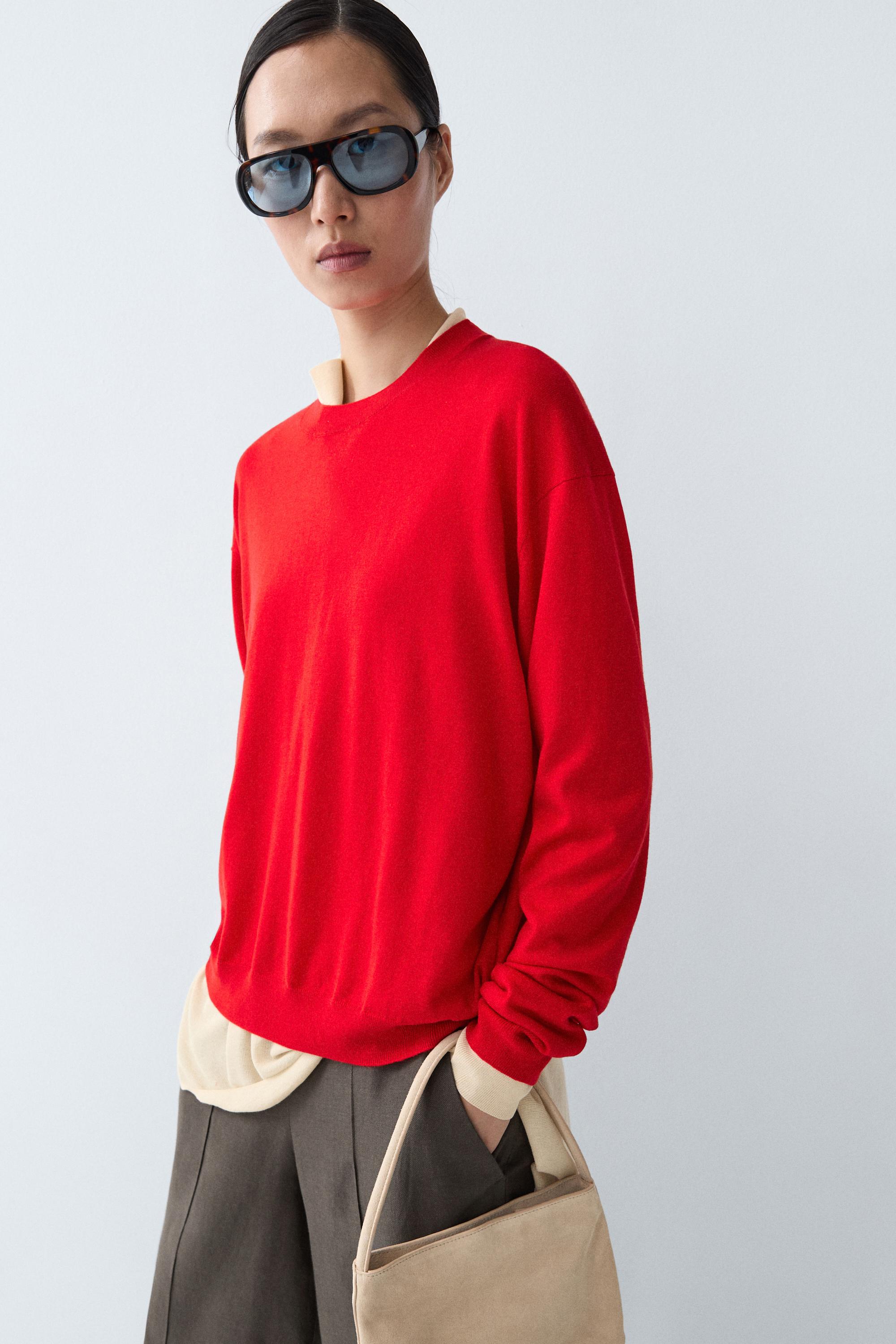 Fine knit round neck sweater - RED