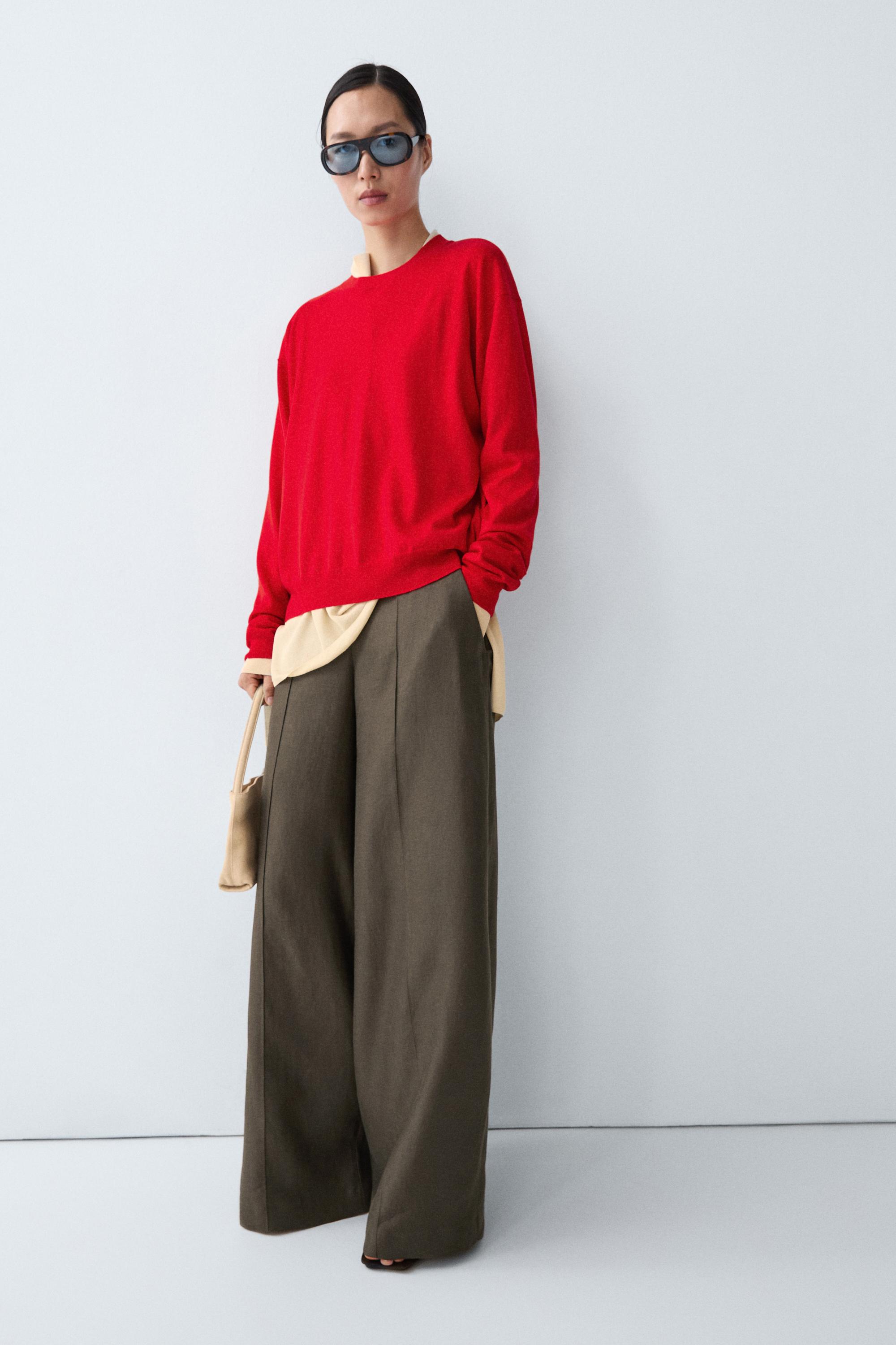 Fine knit round neck sweater - RED