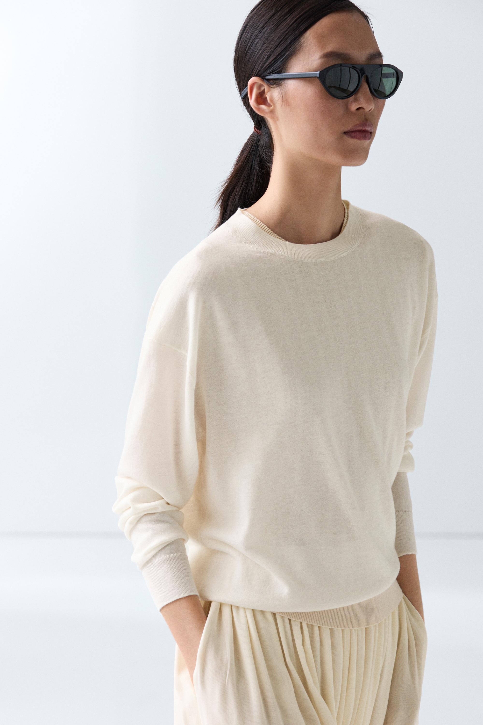 Fine knit round neck sweater - CREAM