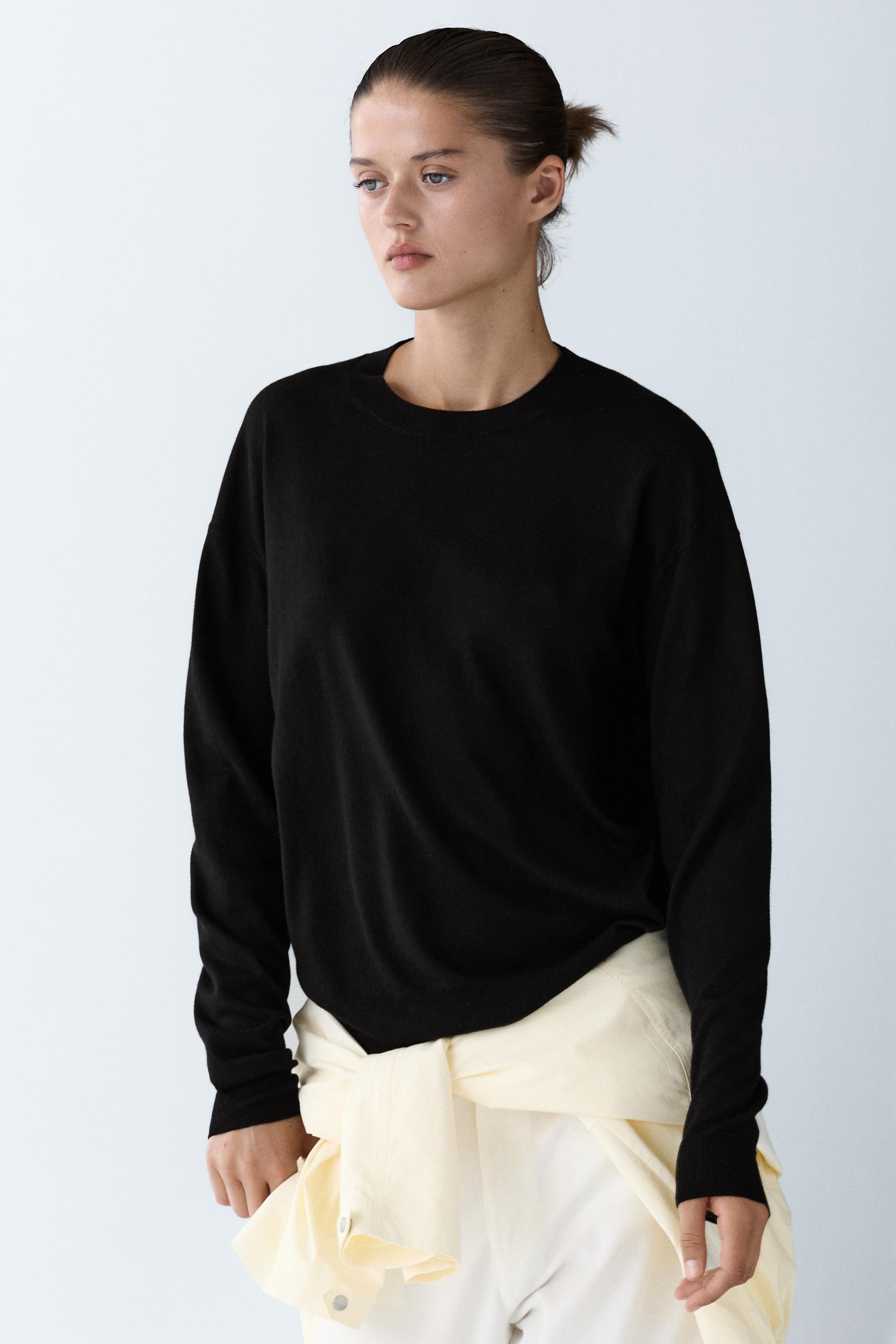 Fine knit round neck sweater - BLACK