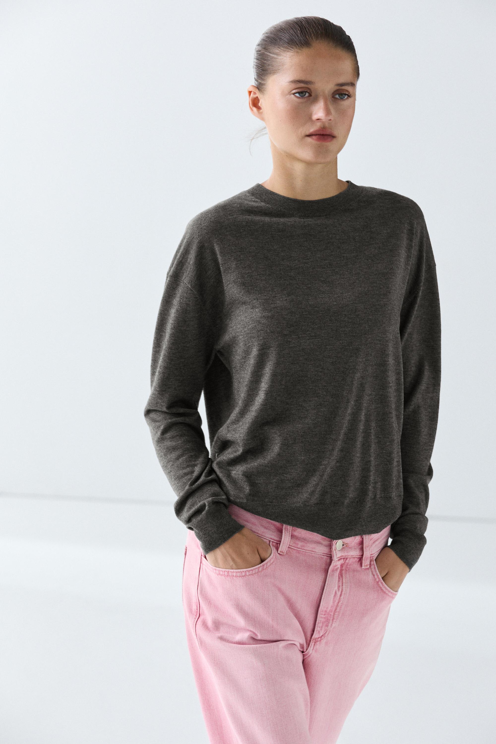 Fine knit round neck sweater - DARK GREY