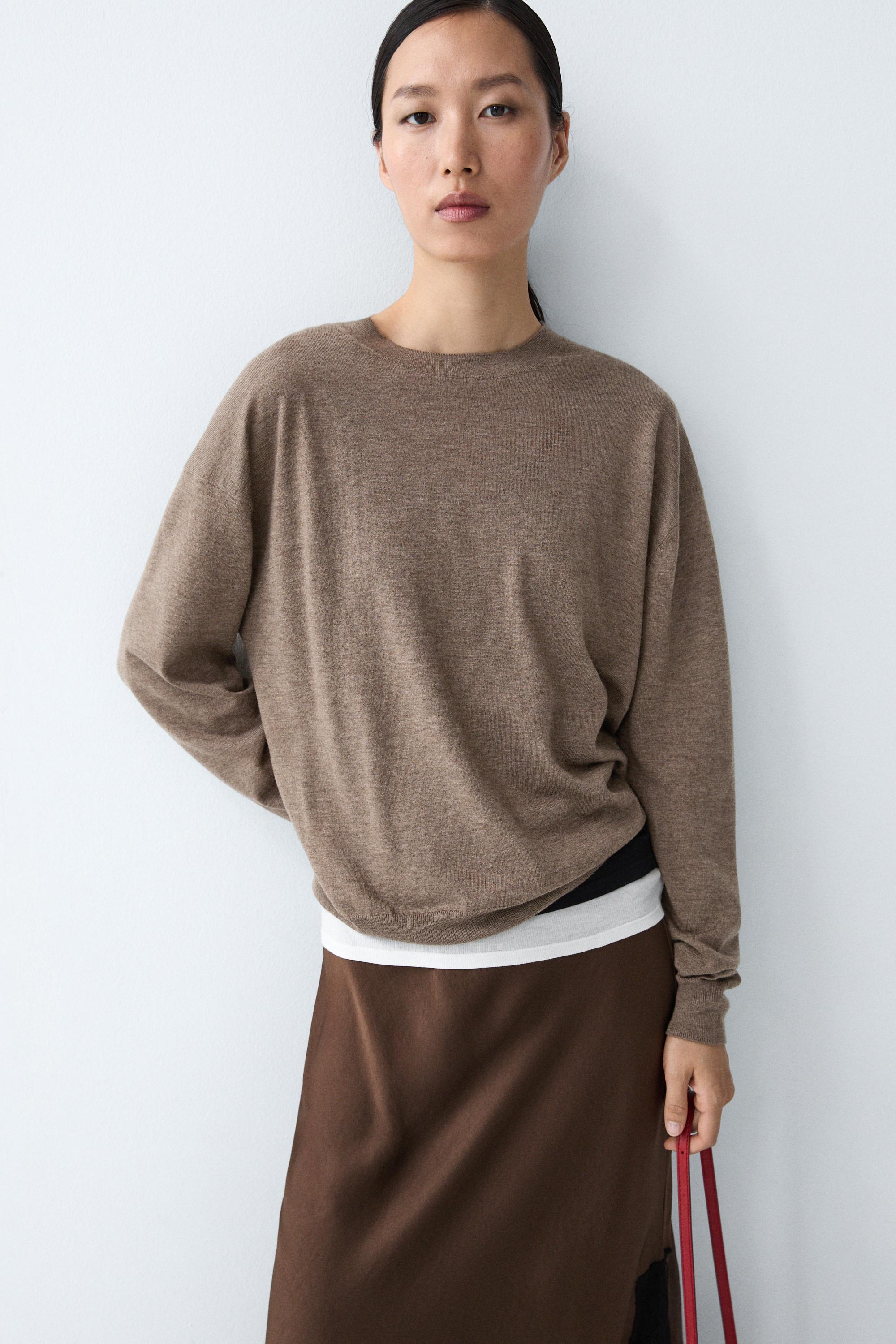 Fine knit round neck sweater - MOLE BROWN