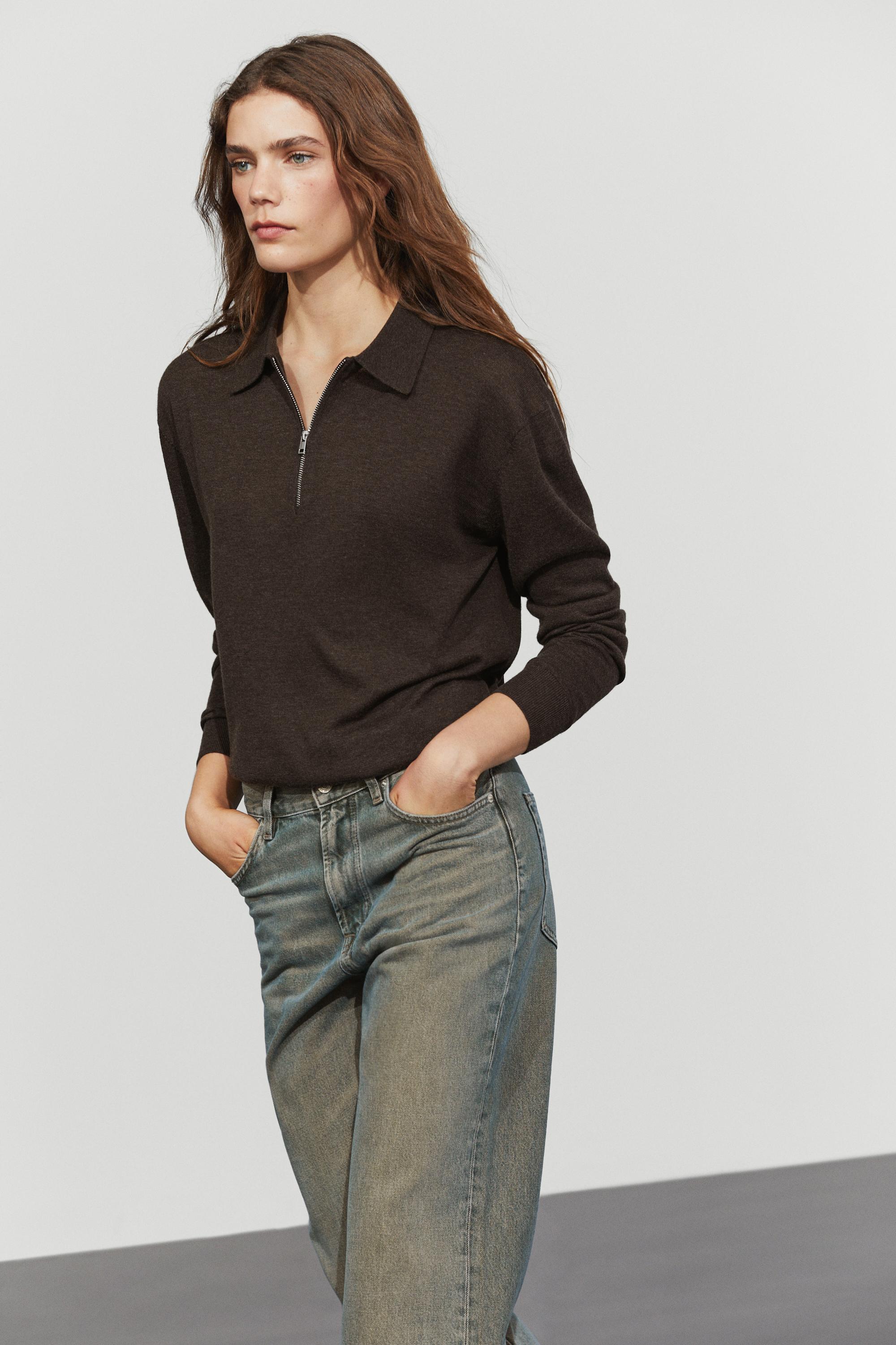 Wool blend quarter-zip knit sweater - CHOCOLATE BROWN