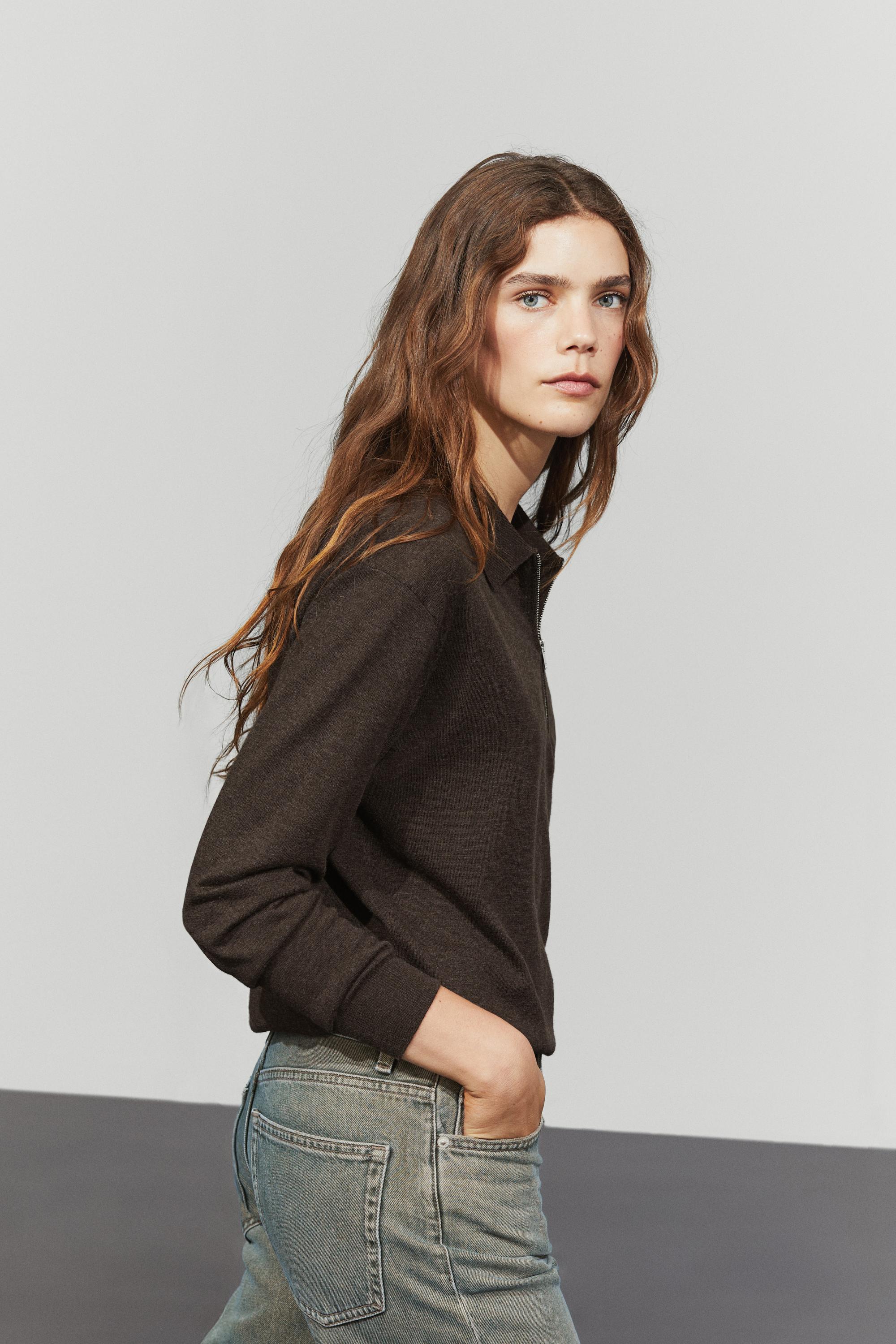 Wool blend quarter-zip knit sweater - CHOCOLATE BROWN