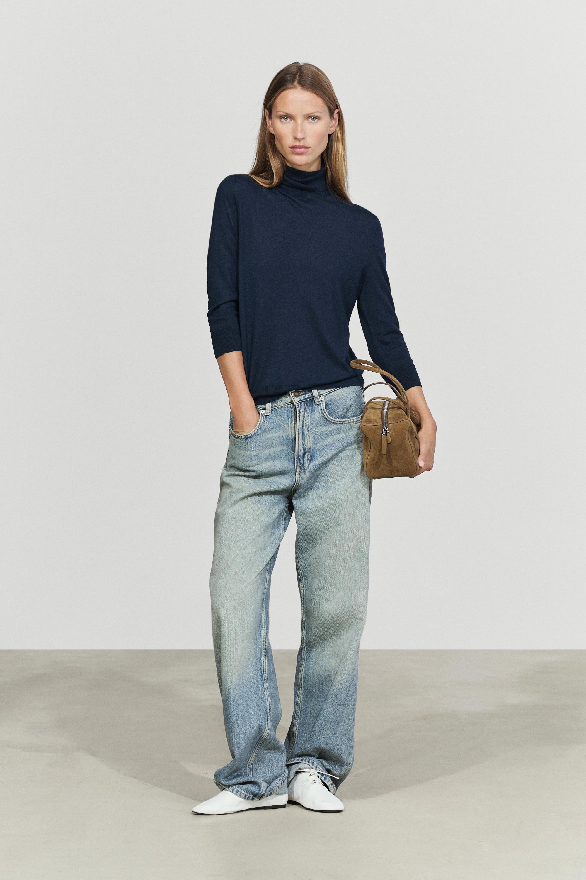 Wool blend turtleneck knit sweater - NAVY BLUE