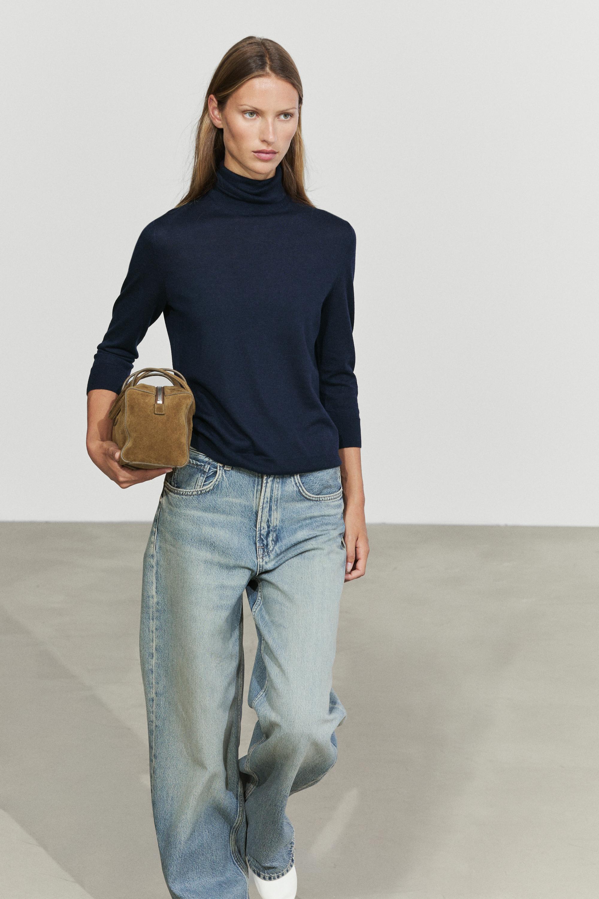 Wool blend turtleneck knit sweater - NAVY BLUE