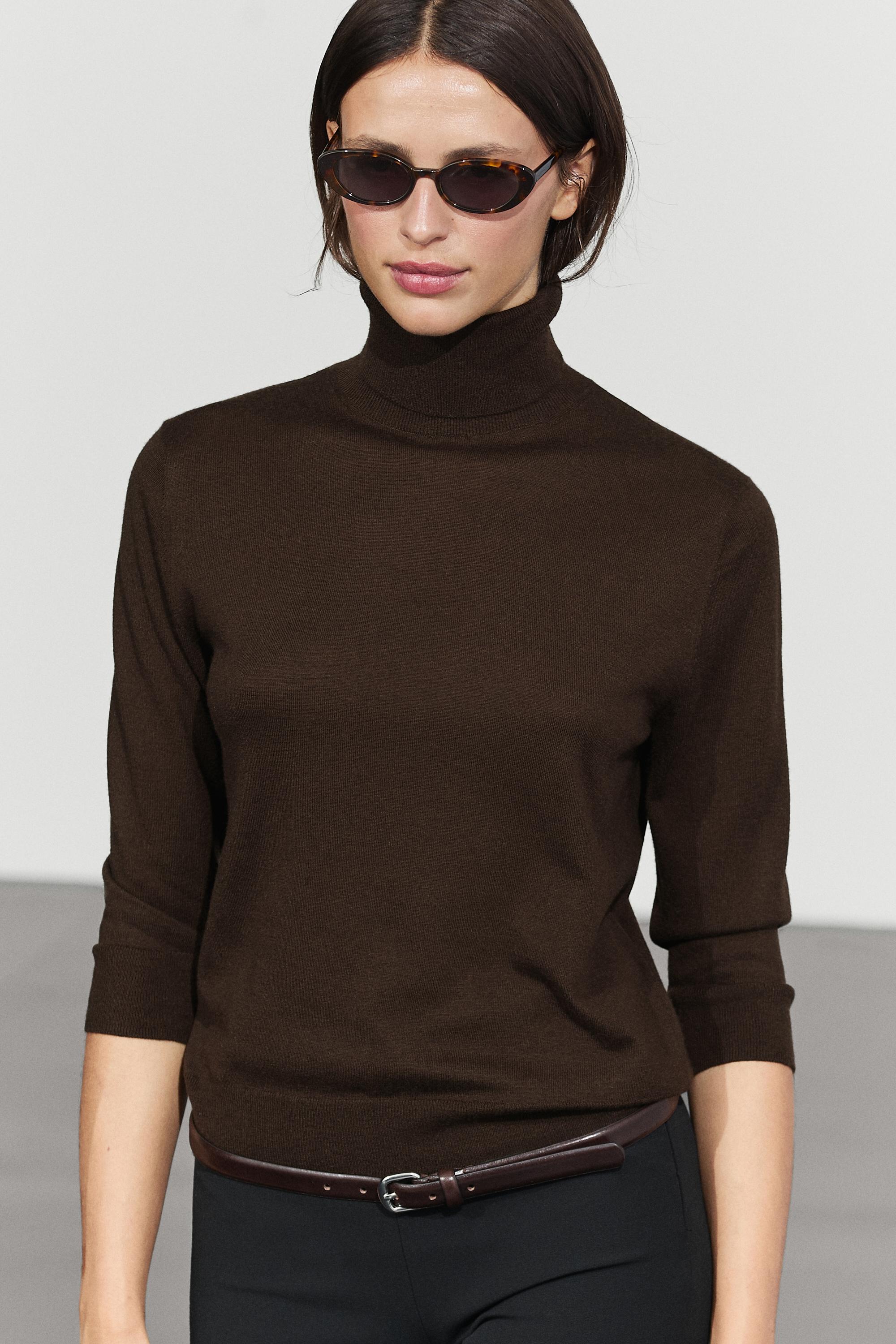 Wool blend turtleneck knit sweater - Chocolate