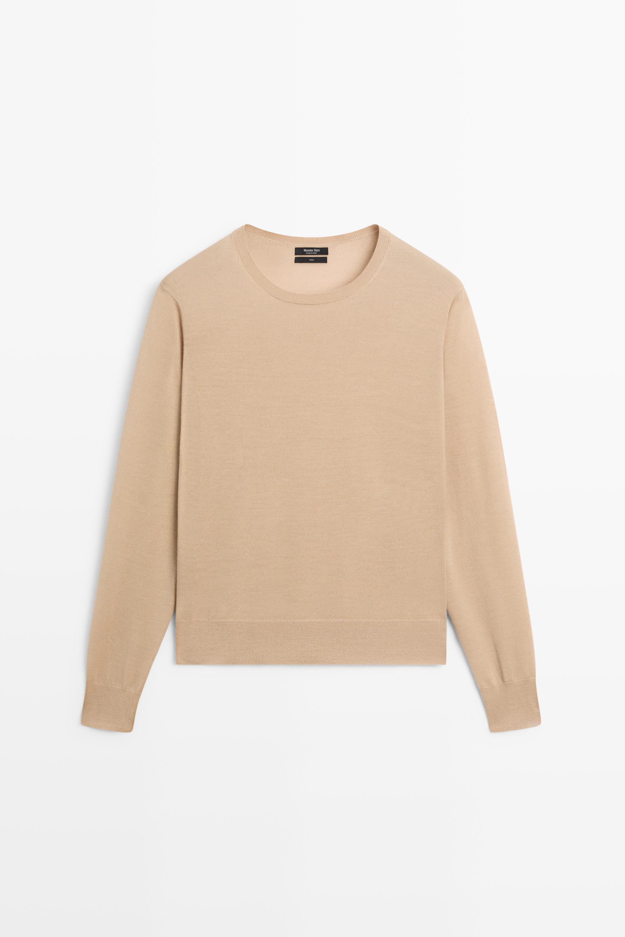 100% wool knit round neck sweater - CAMEL