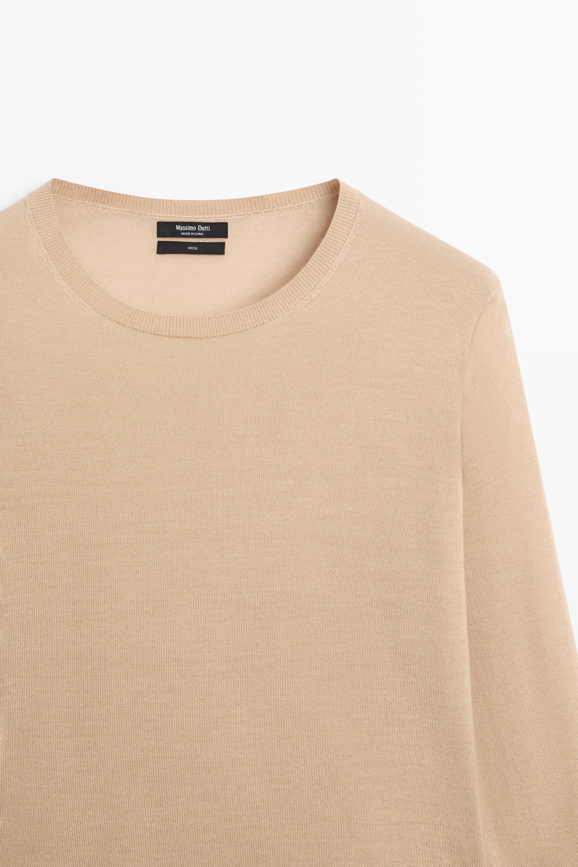 100% wool knit round neck sweater - CAMEL