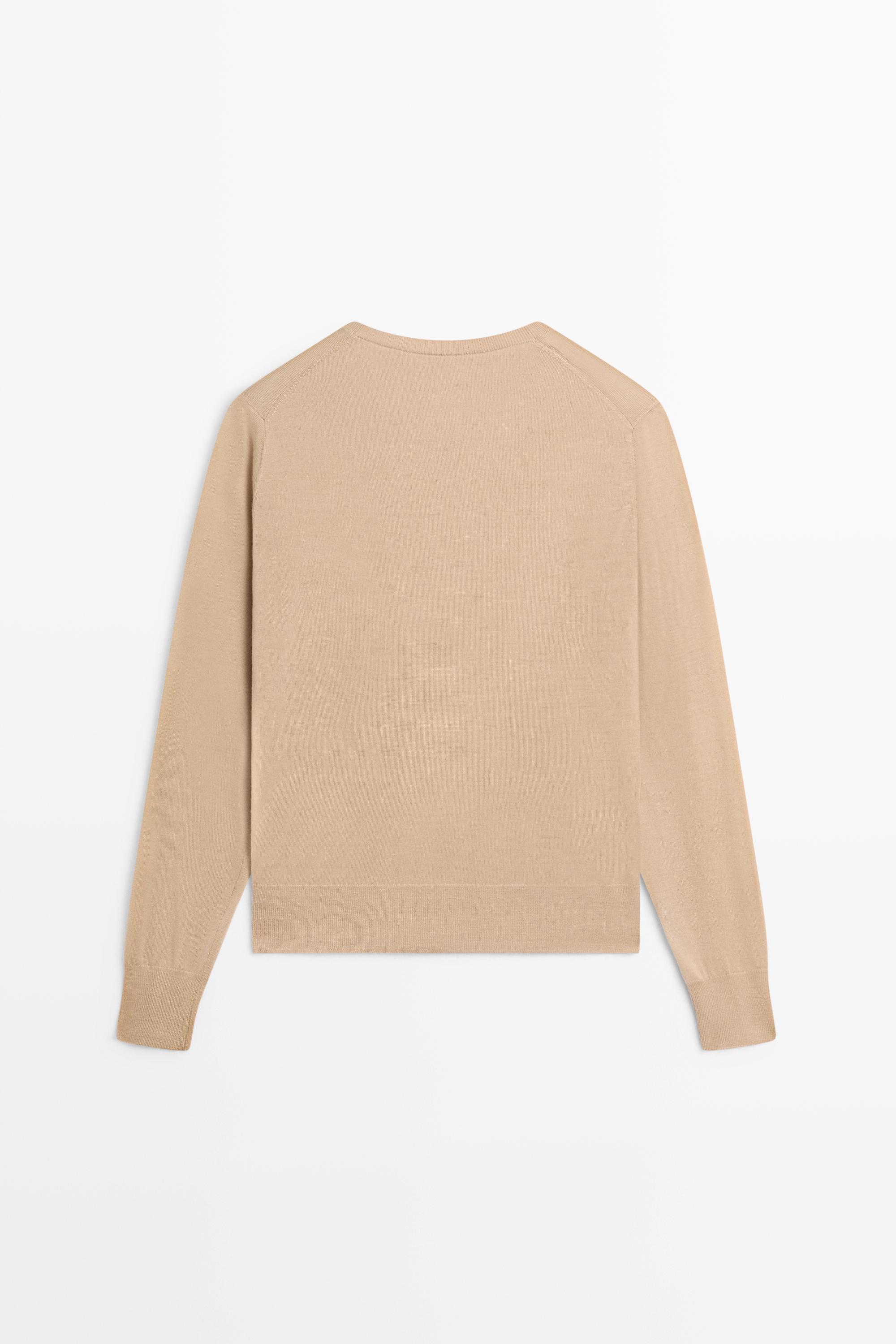 100% wool knit round neck sweater - CAMEL