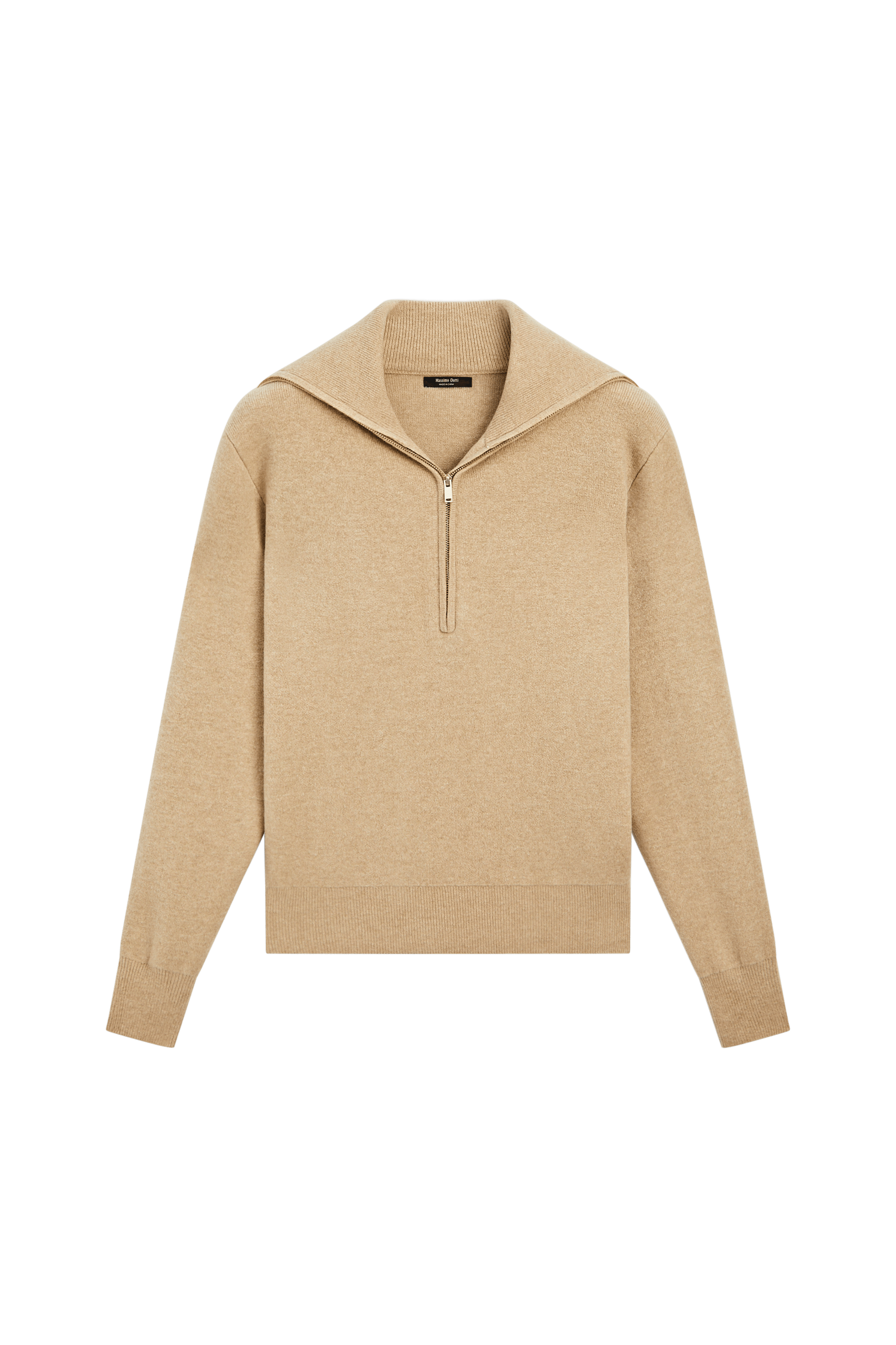Wide collar zip-up knit sweater - CAMEL