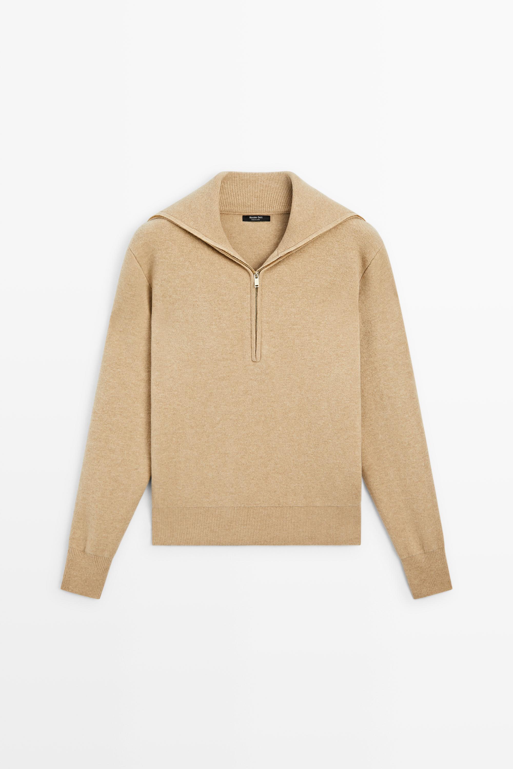 Wide collar zip-up knit sweater - CAMEL
