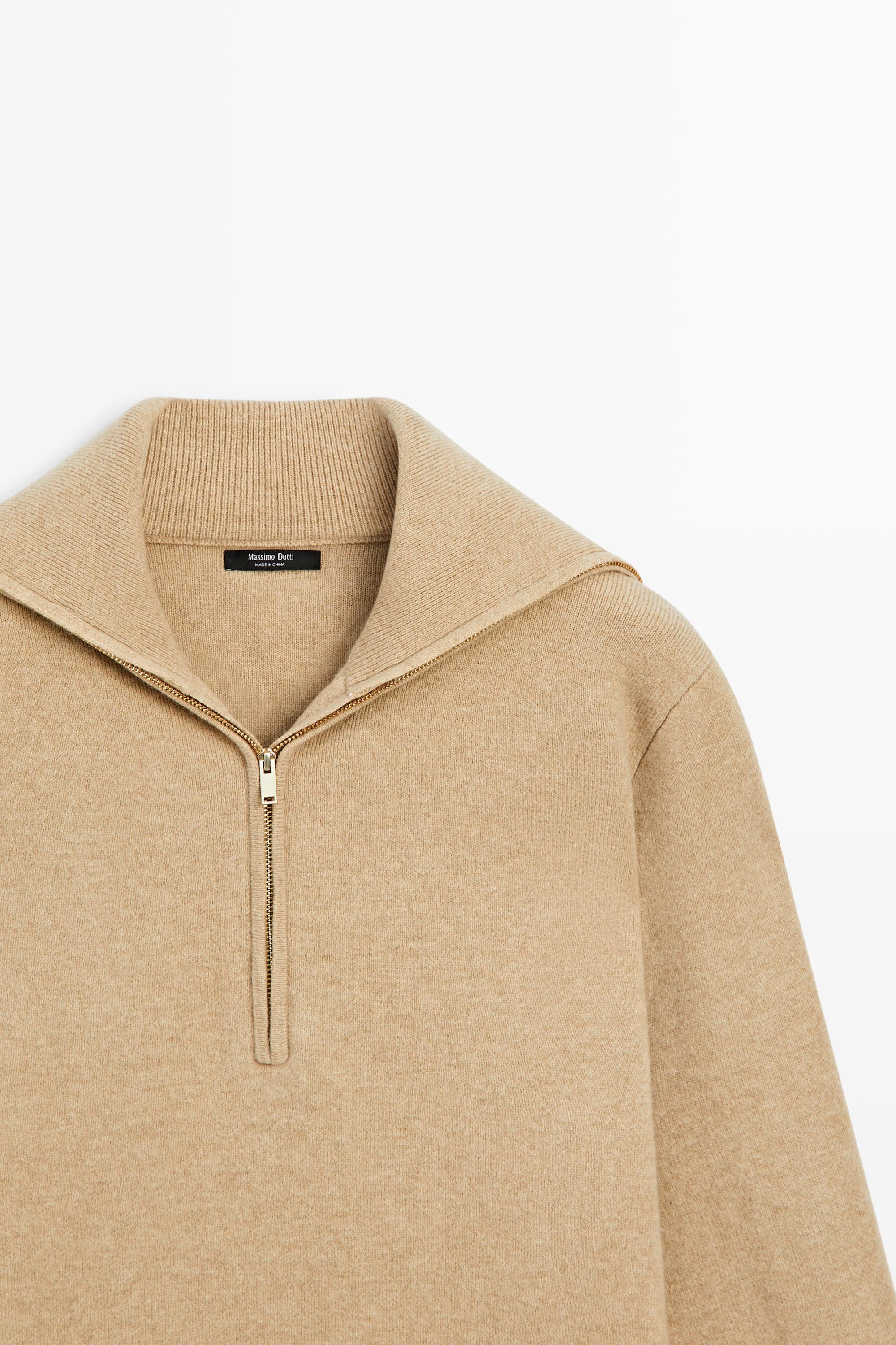 Wide collar zip-up knit sweater - CAMEL