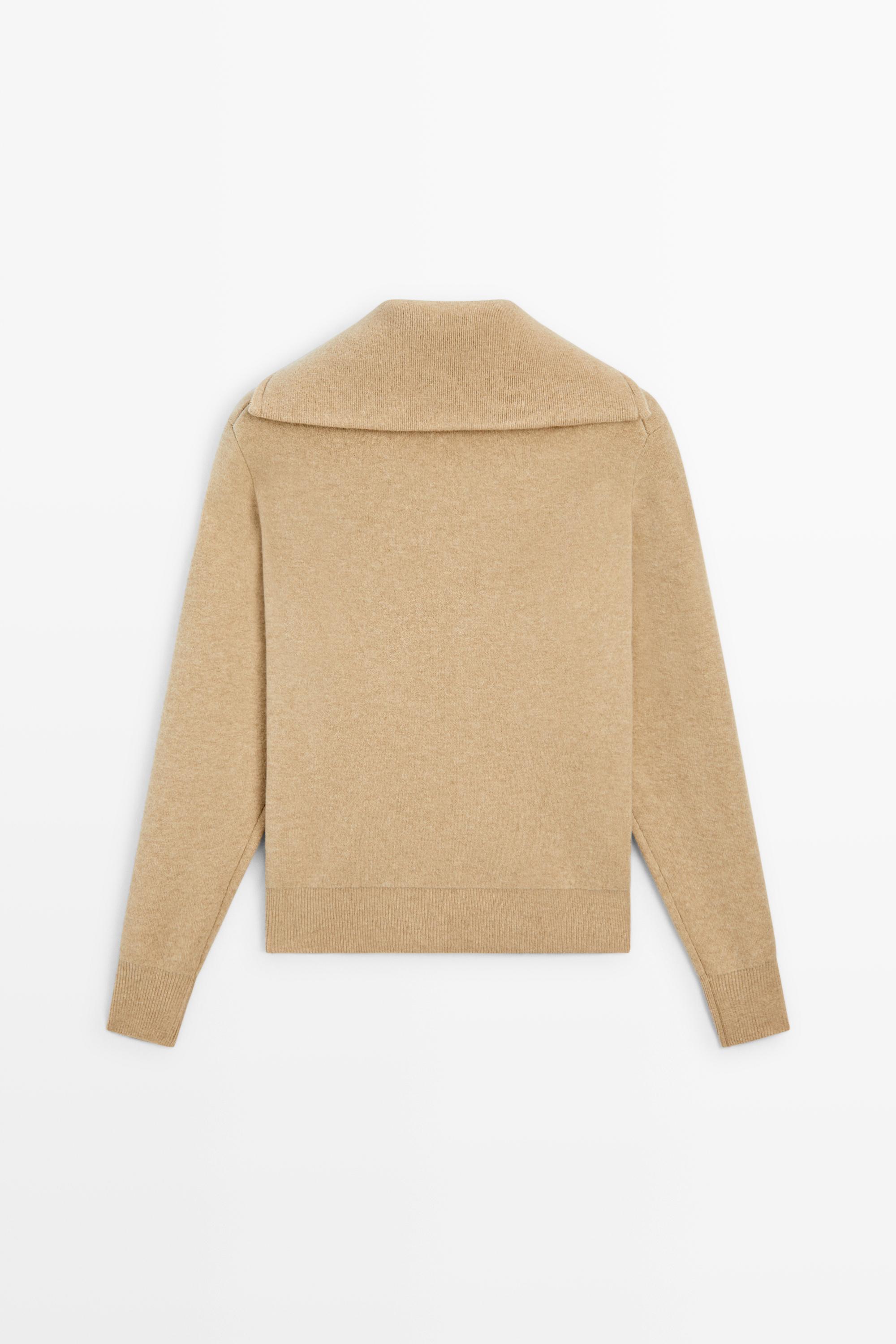 Wide collar zip-up knit sweater - CAMEL