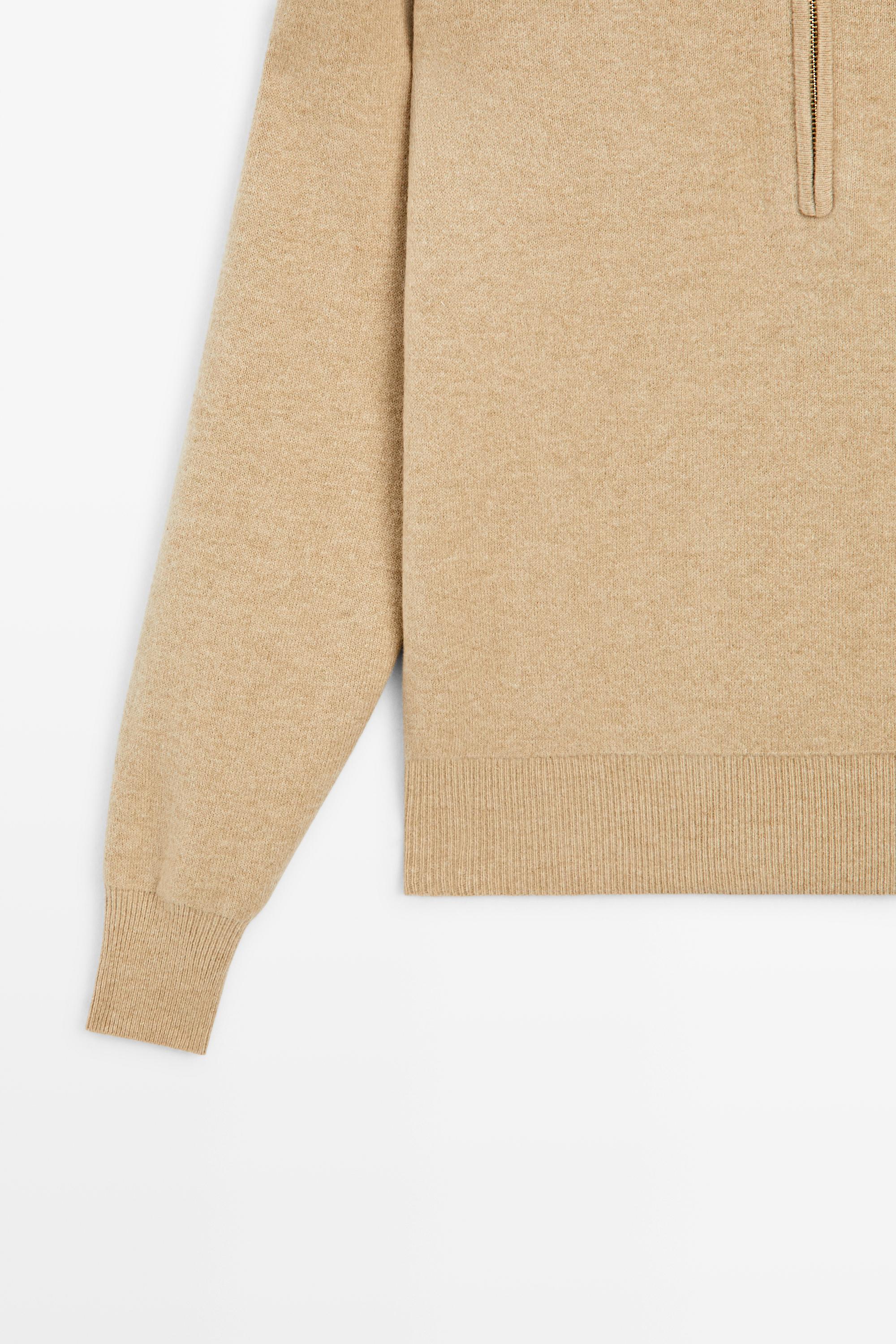 Wide collar zip-up knit sweater - CAMEL