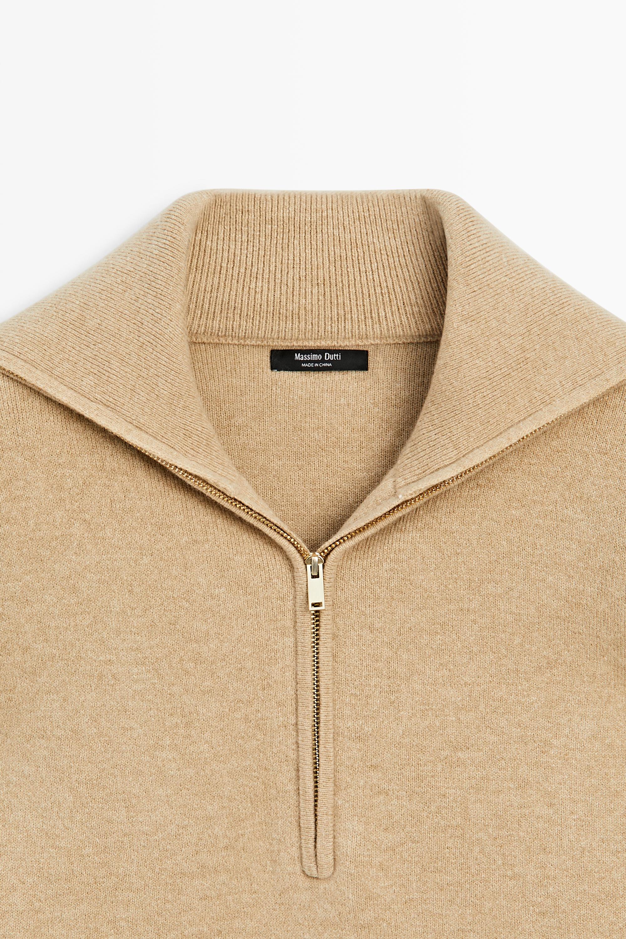 Wide collar zip-up knit sweater - CAMEL