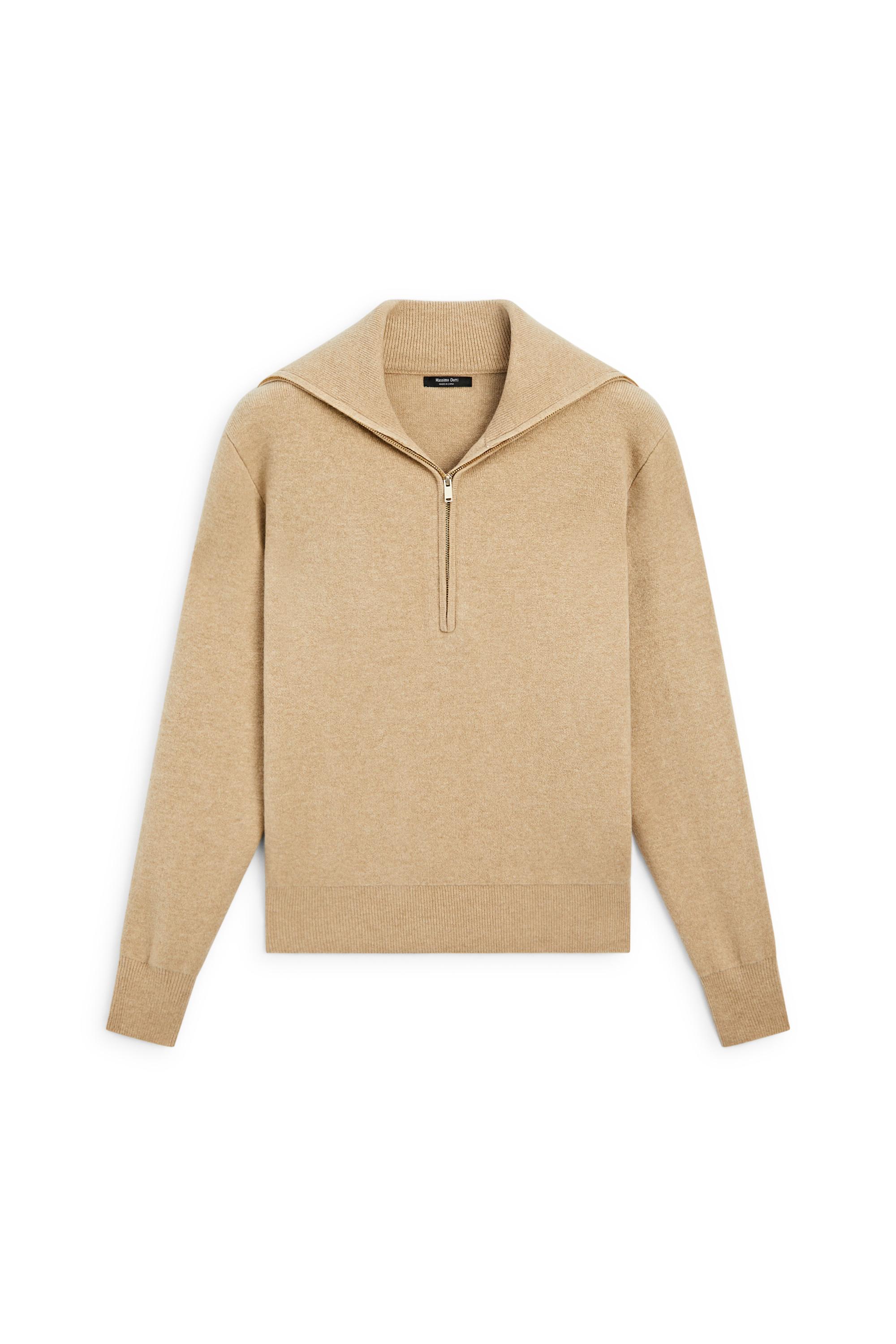 Wide collar zip-up knit sweater - CAMEL