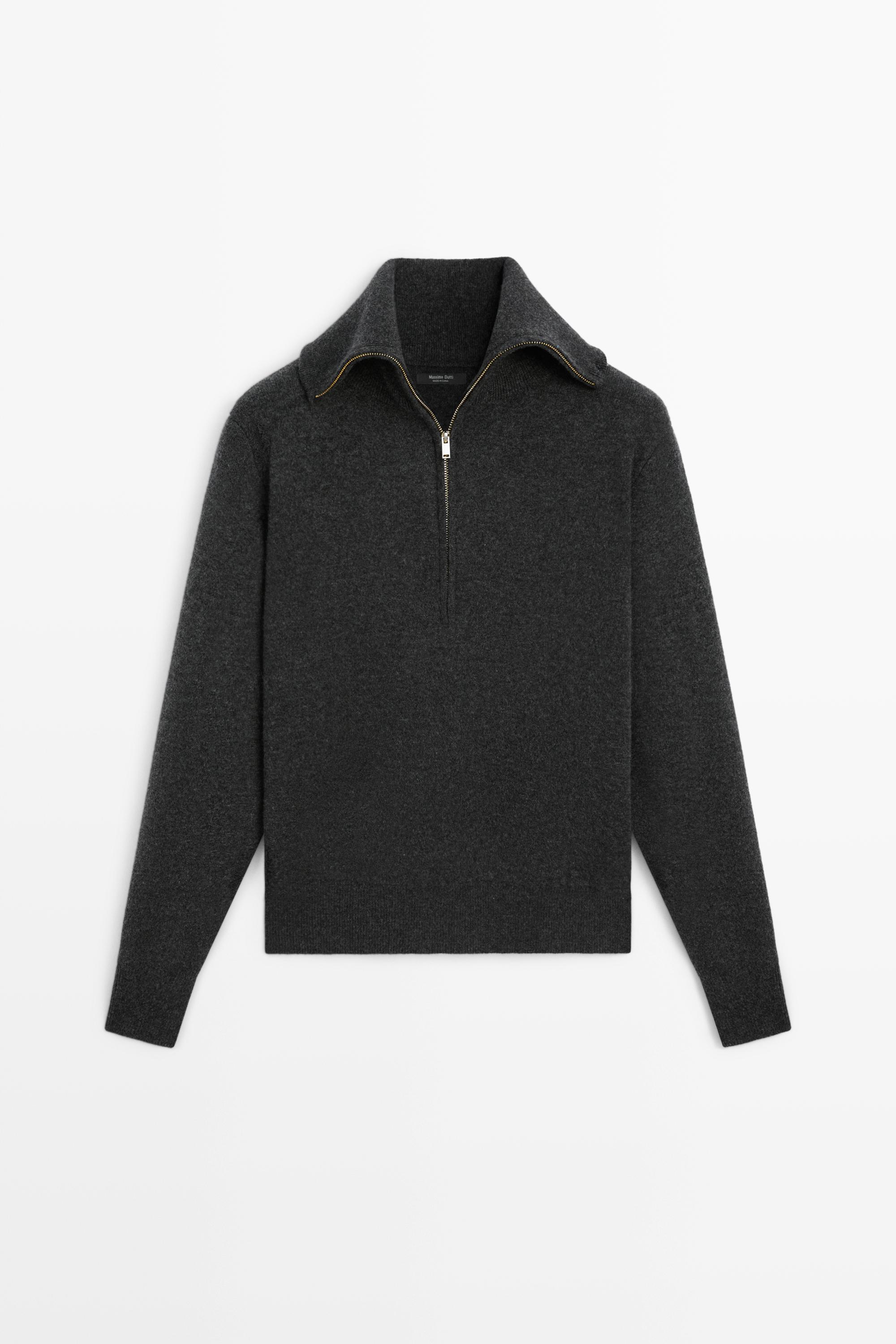 Wide collar zip-up knit sweater - ANTHRACITE GREY