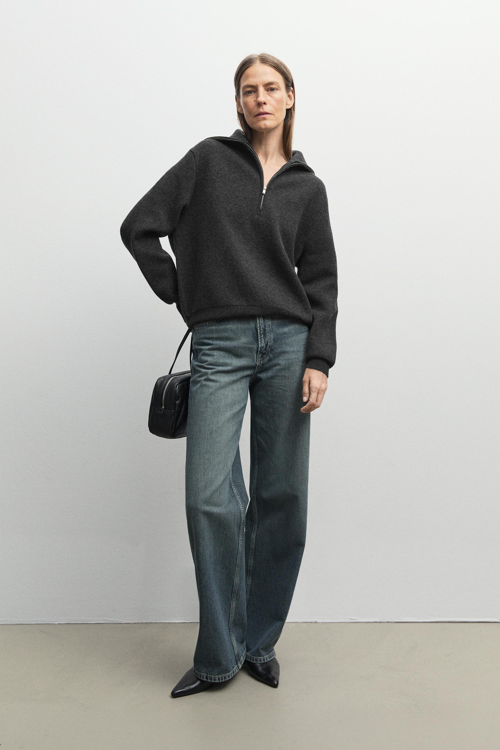Wide collar zip-up knit sweater - ANTHRACITE GREY