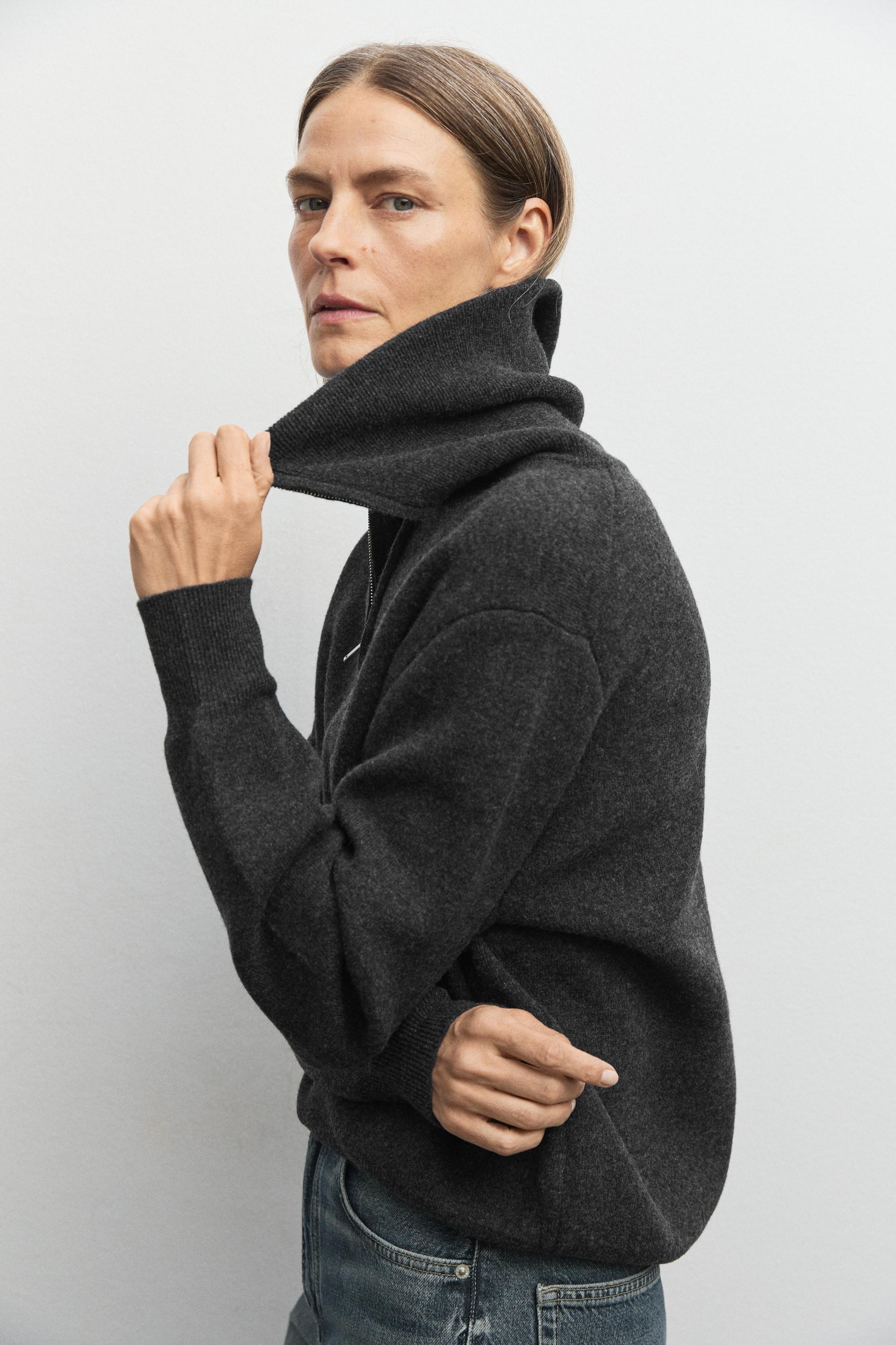 Wide collar zip-up knit sweater - ANTHRACITE GREY