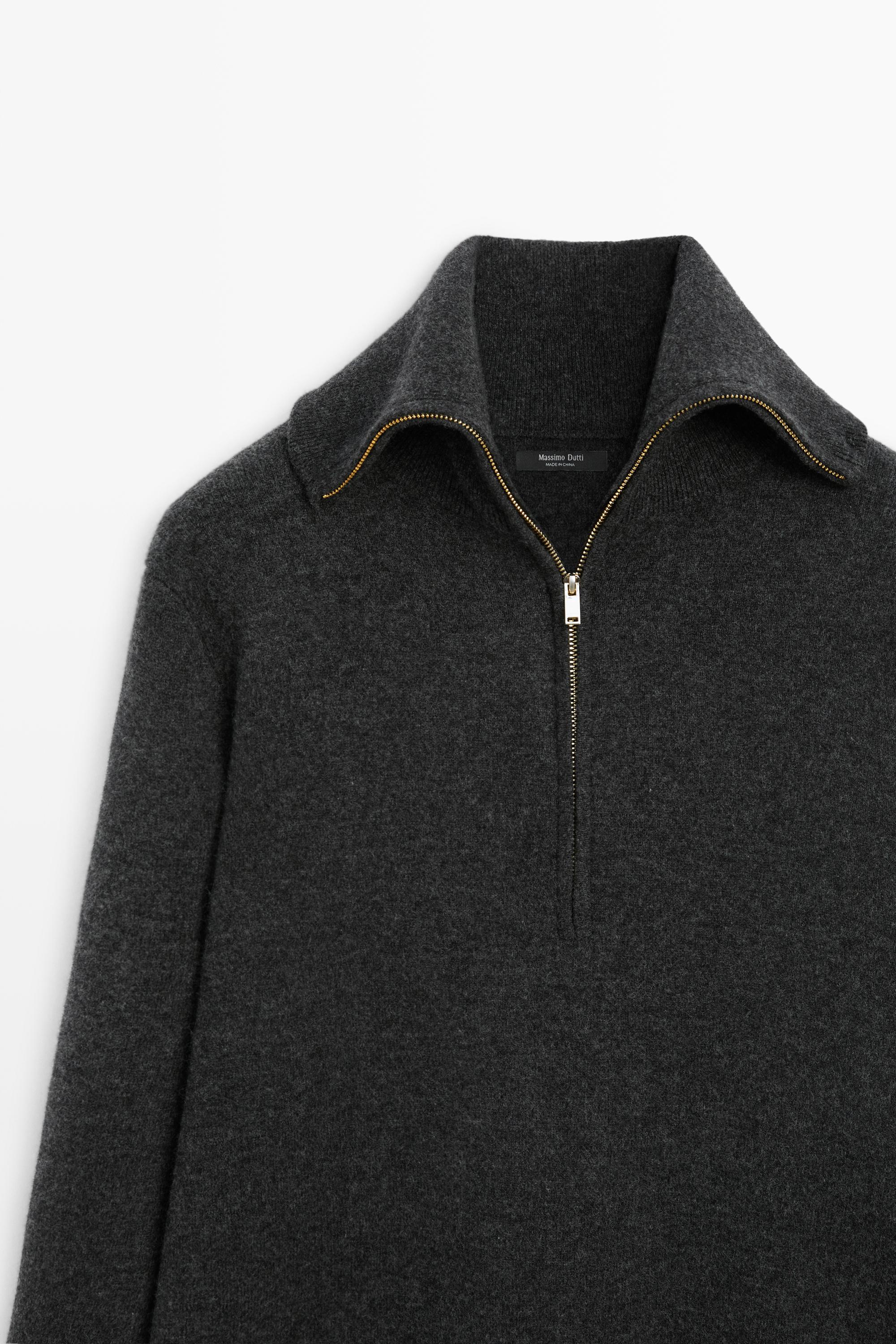 Wide collar zip-up knit sweater - ANTHRACITE GREY