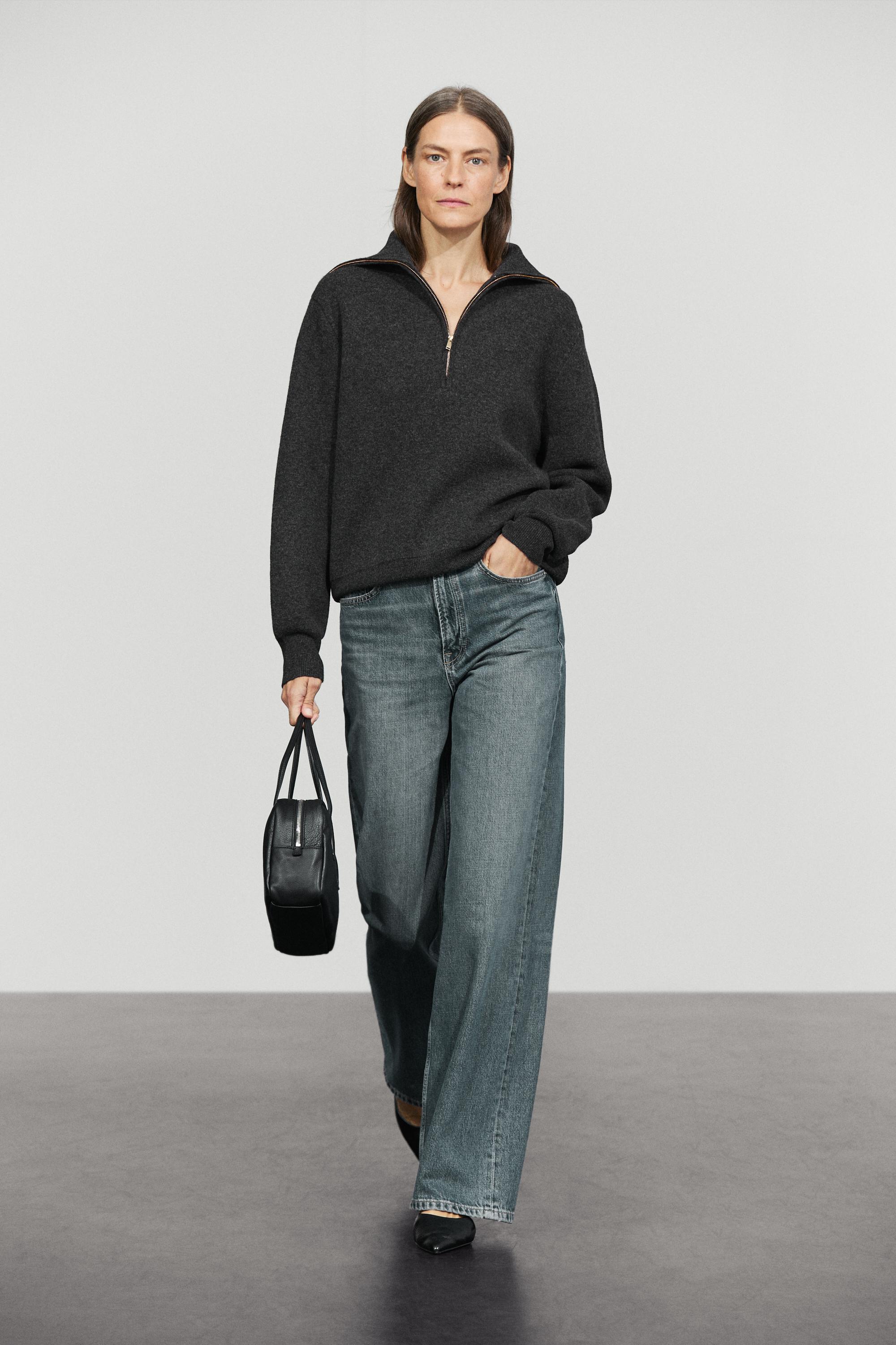 Wide collar zip-up knit sweater - ANTHRACITE GREY