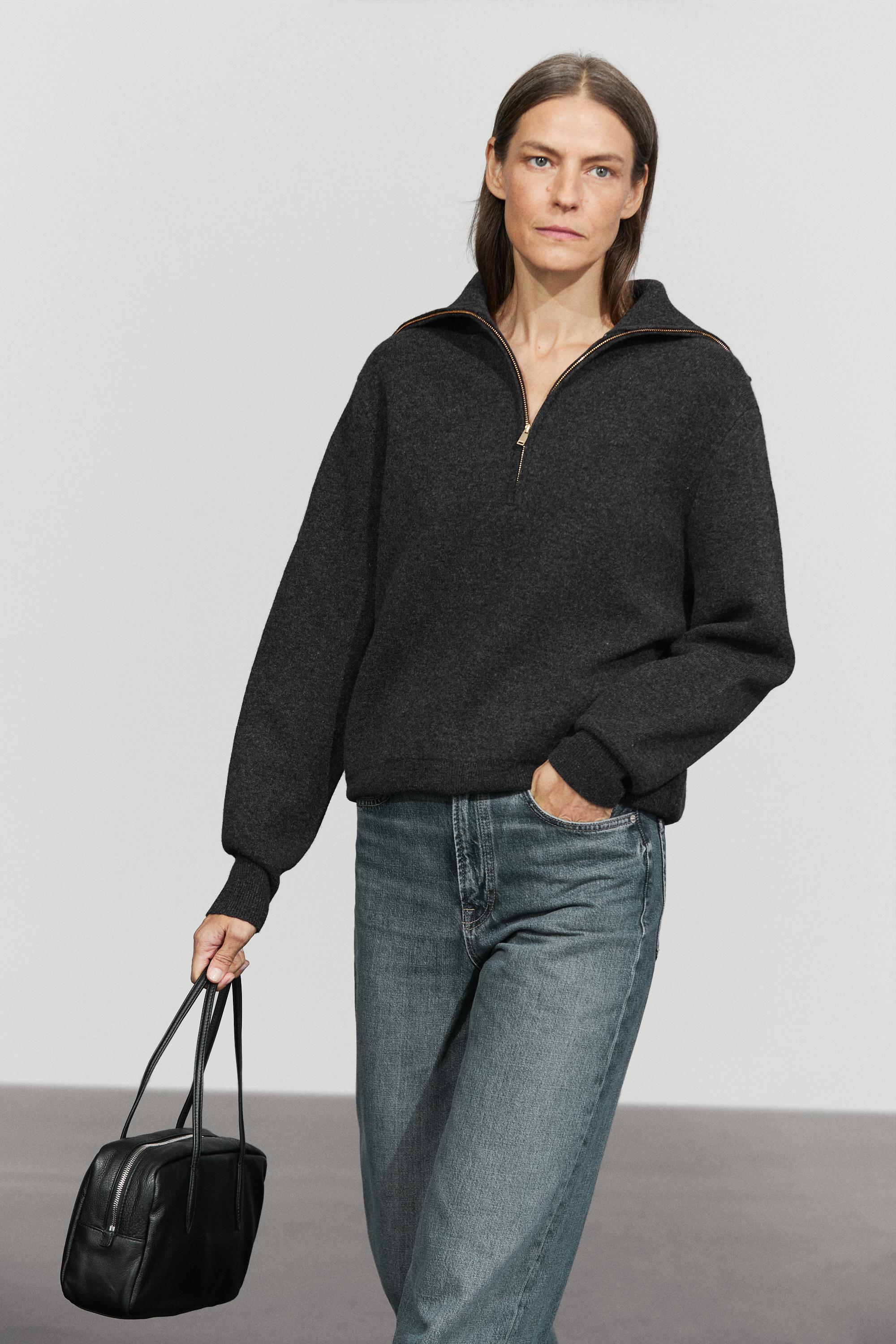 Wide collar zip-up knit sweater - ANTHRACITE GREY
