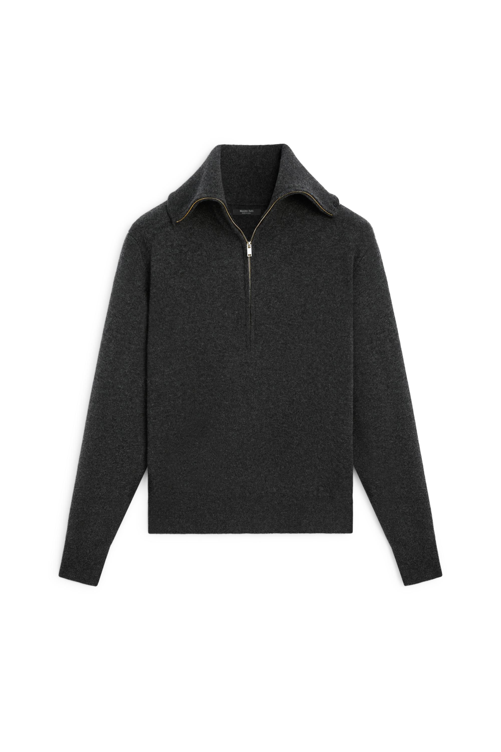 Wide collar zip-up knit sweater - ANTHRACITE GREY