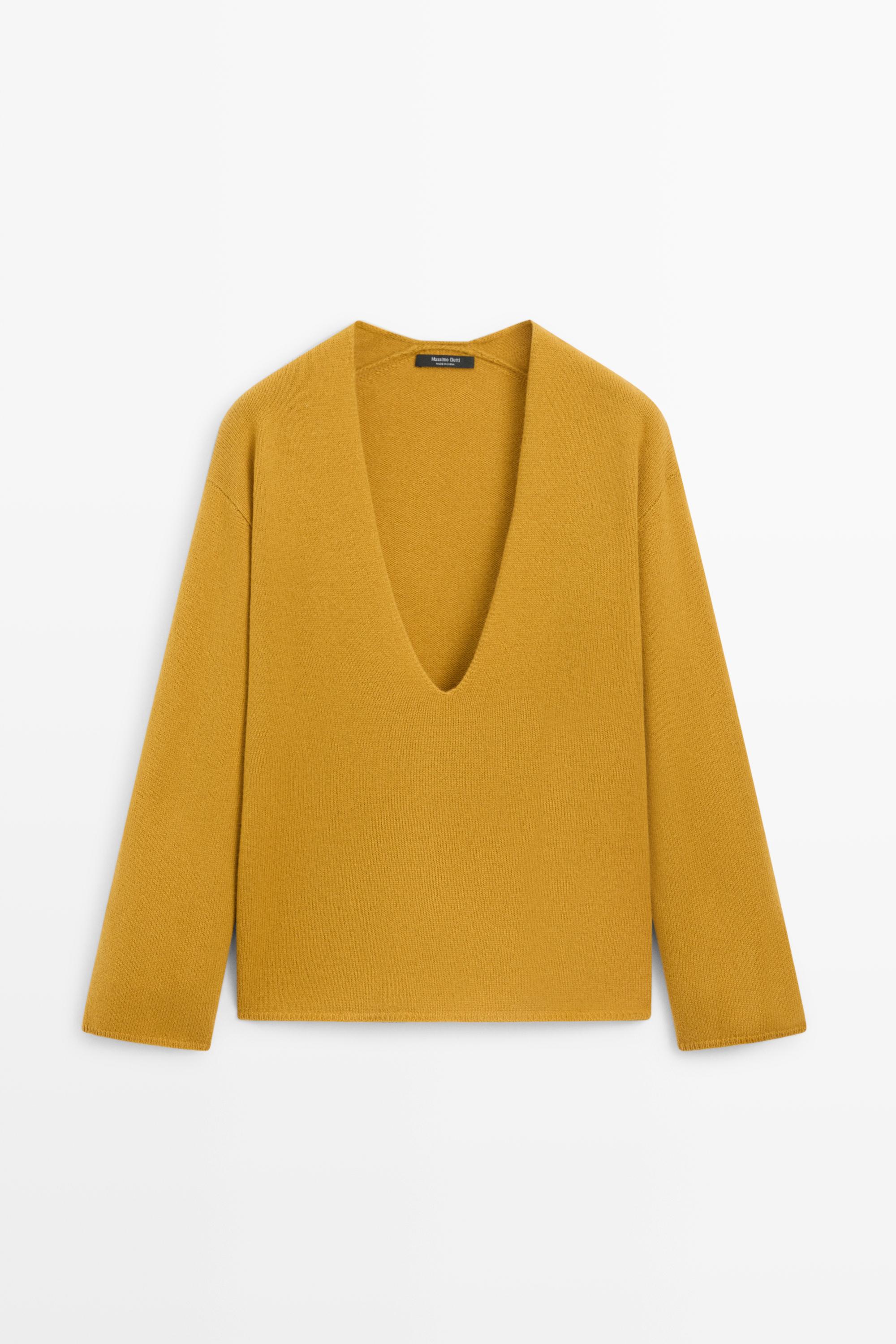 Long-line knit sweater with neckline detail - MUSTARD YELLOW