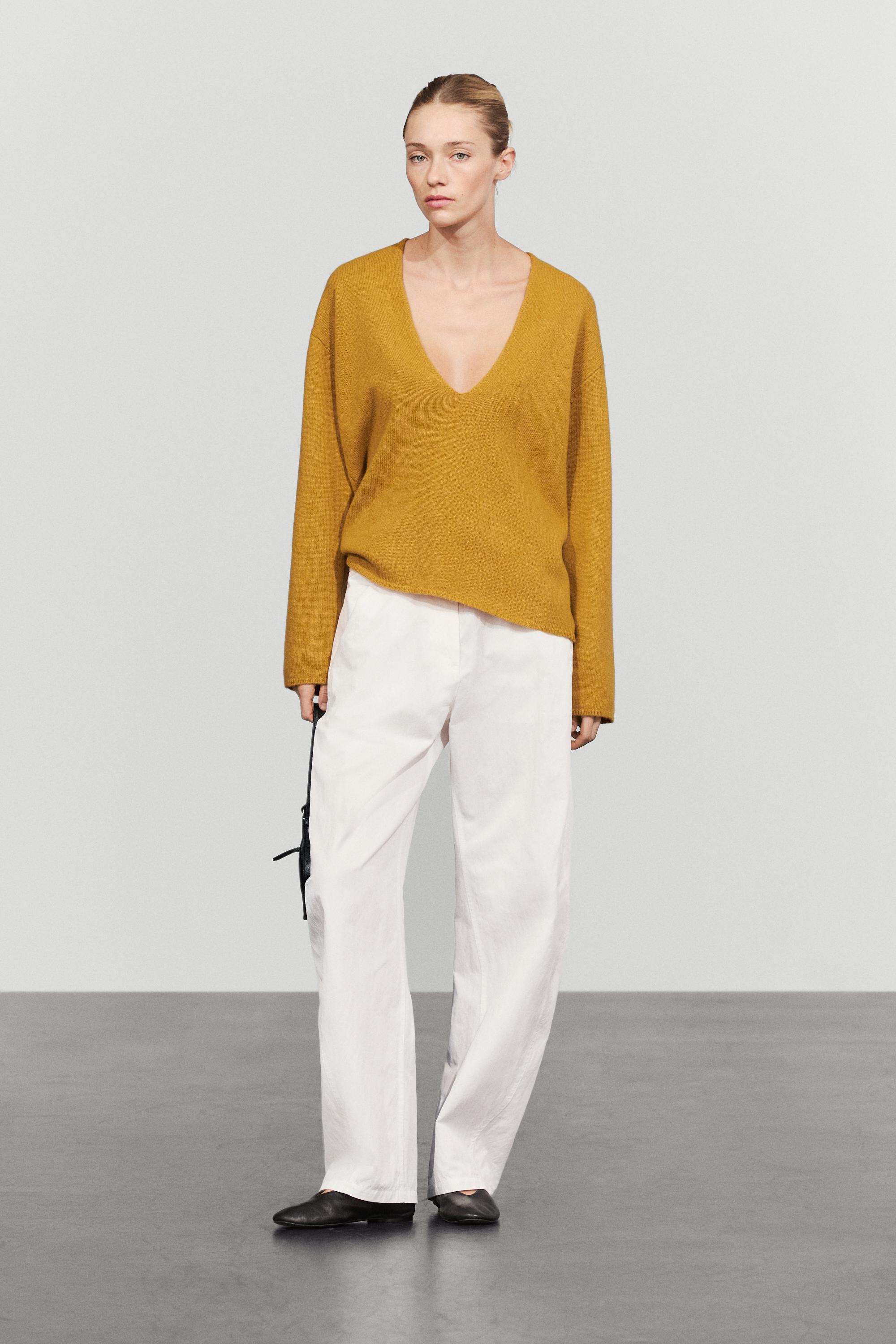 Long-line knit sweater with neckline detail - MUSTARD YELLOW