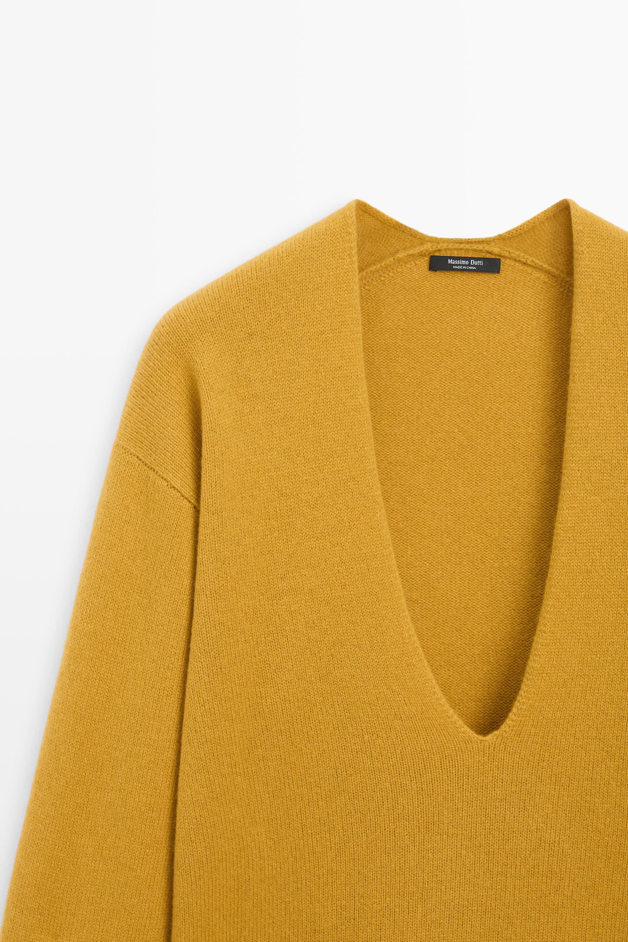Long-line knit sweater with neckline detail - MUSTARD YELLOW