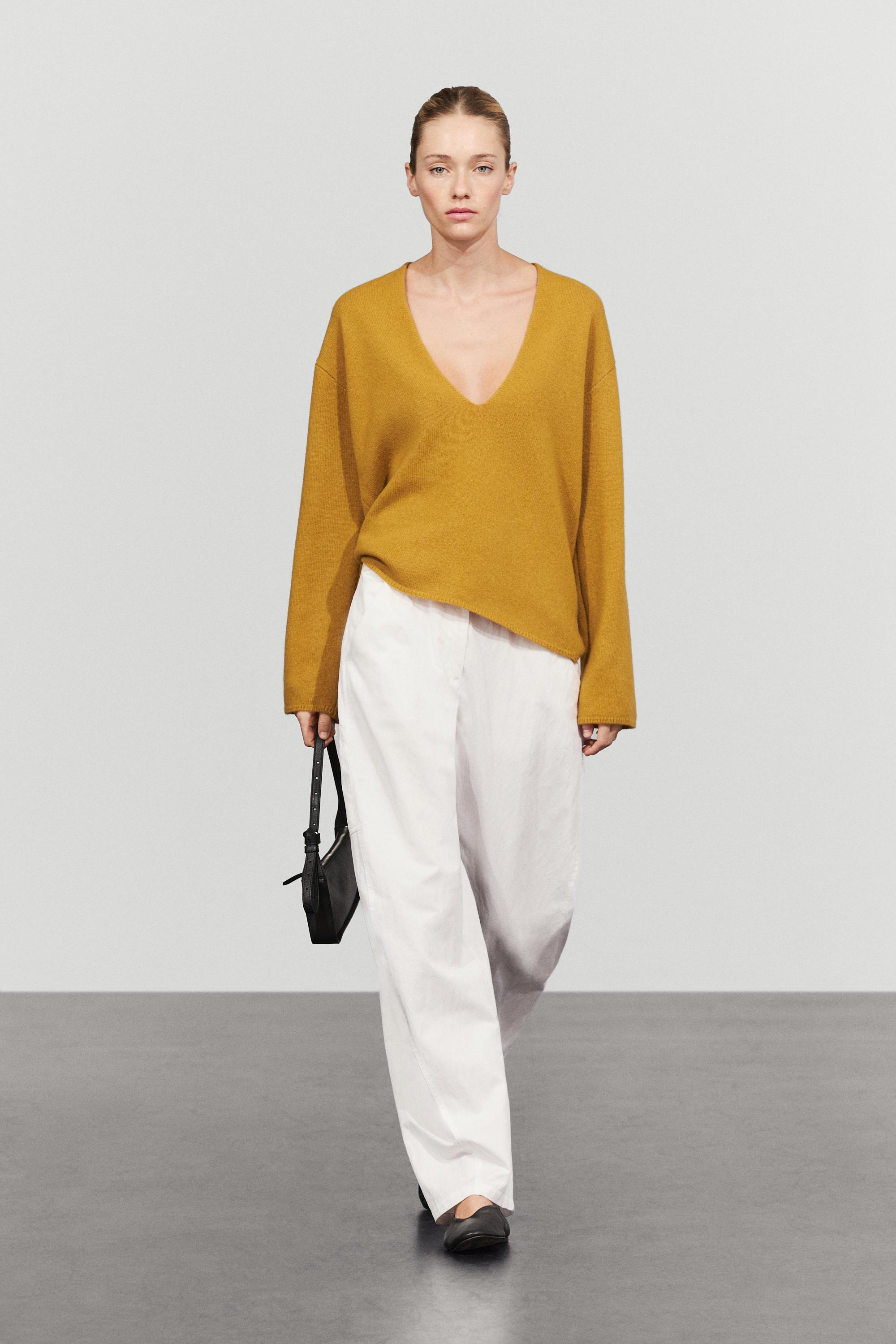 Long-line knit sweater with neckline detail - MUSTARD YELLOW