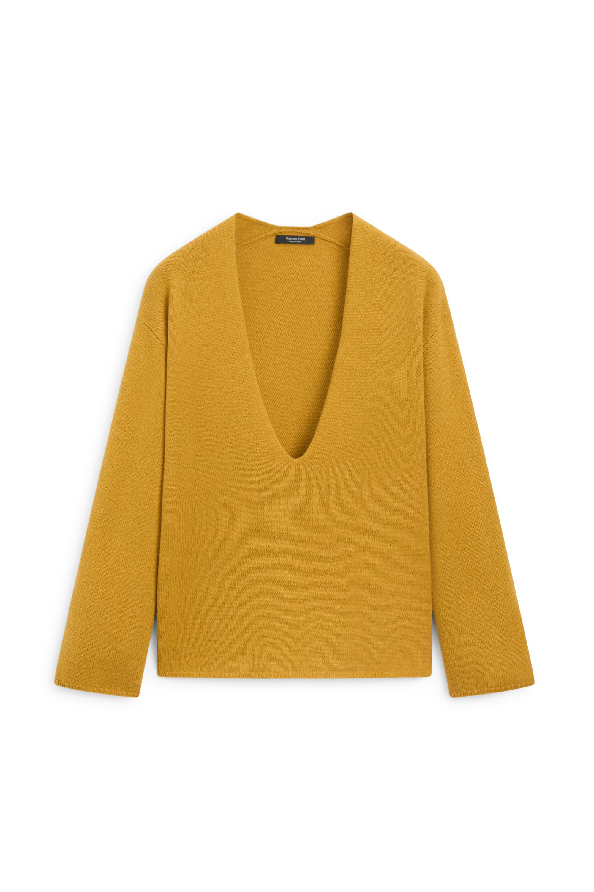 Long-line knit sweater with neckline detail - MUSTARD YELLOW