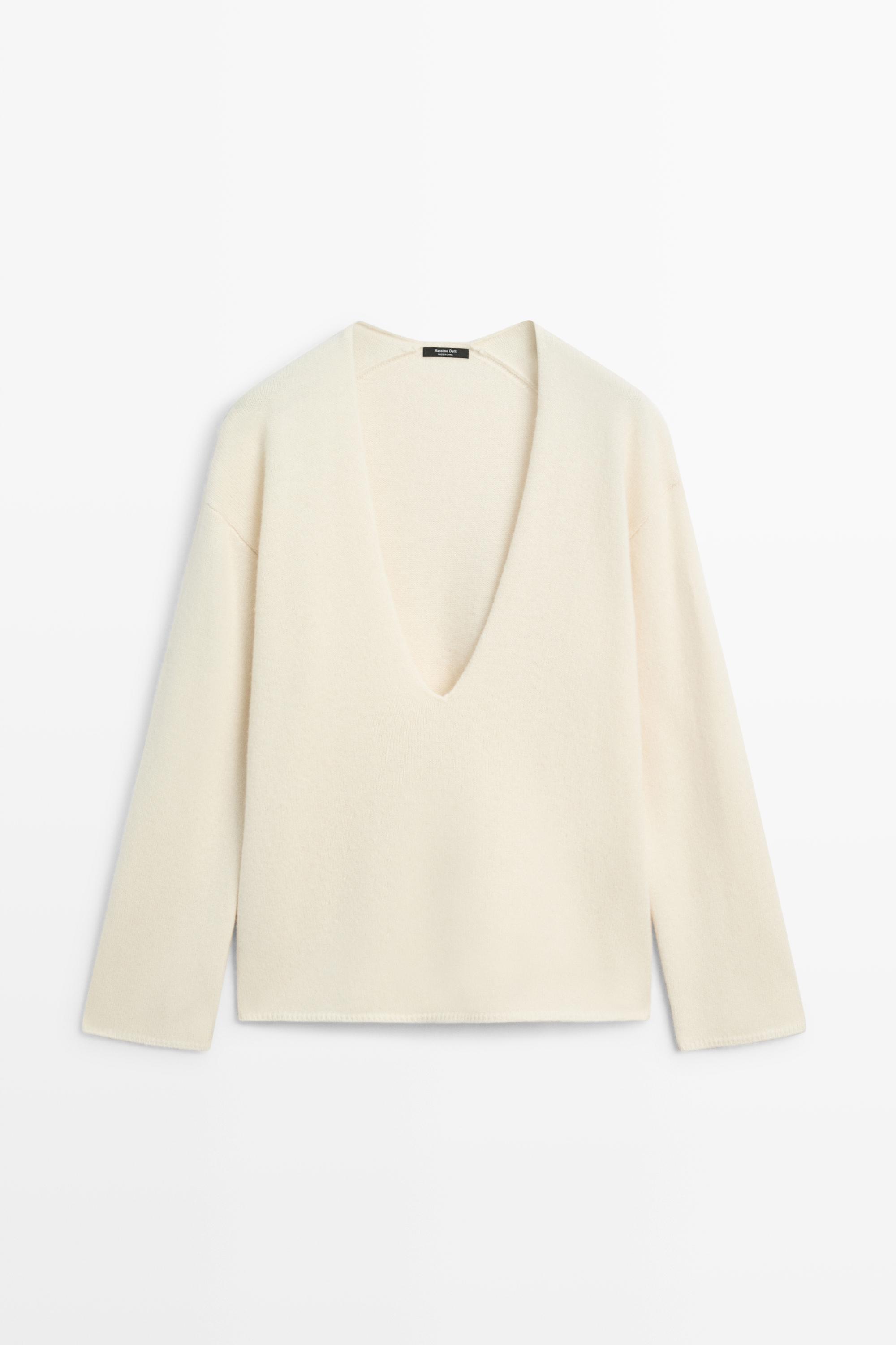 Long-line knit sweater with neckline detail - OCHRE MARL