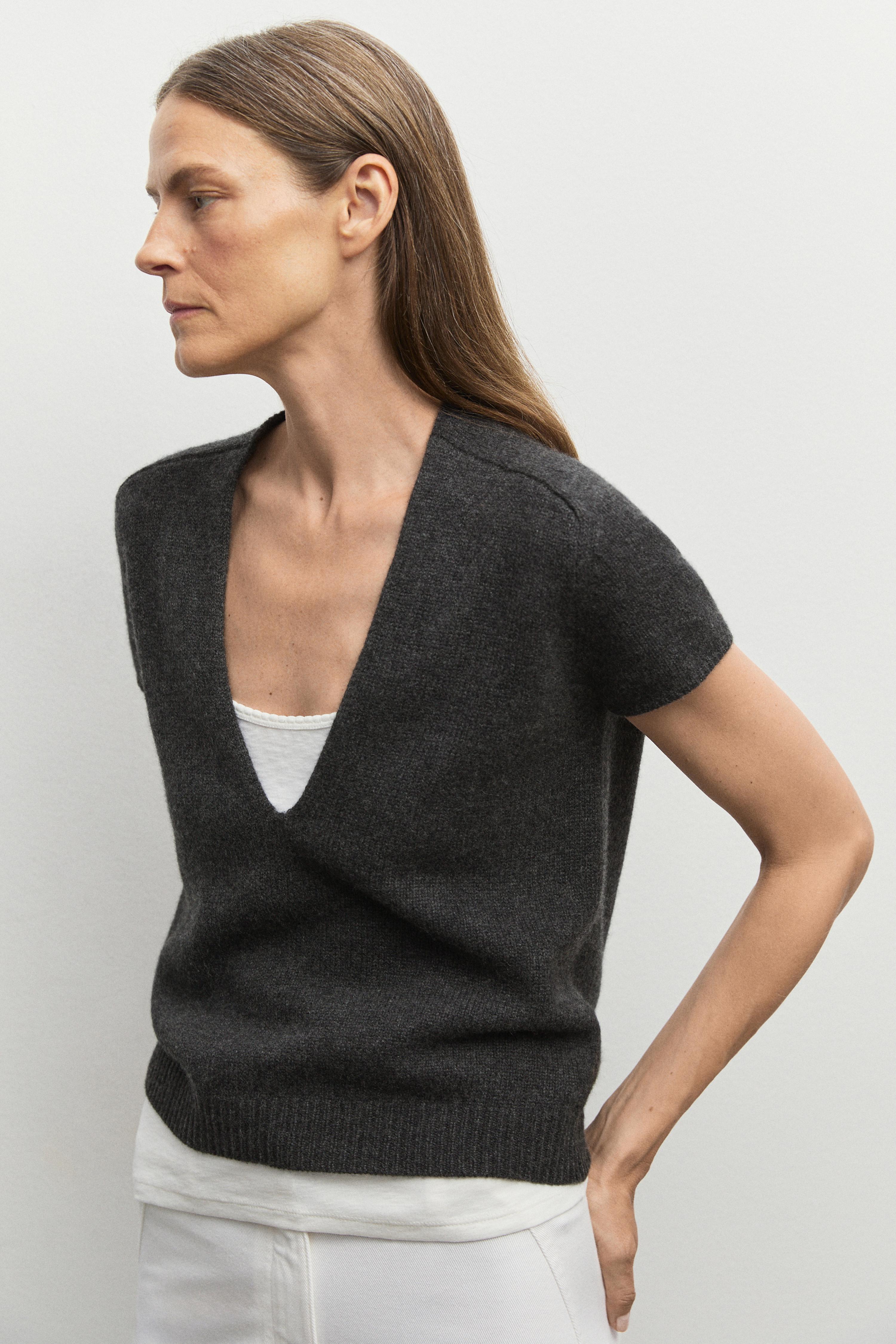 100% cashmere knit short sleeve sweater - ANTHRACITE GREY