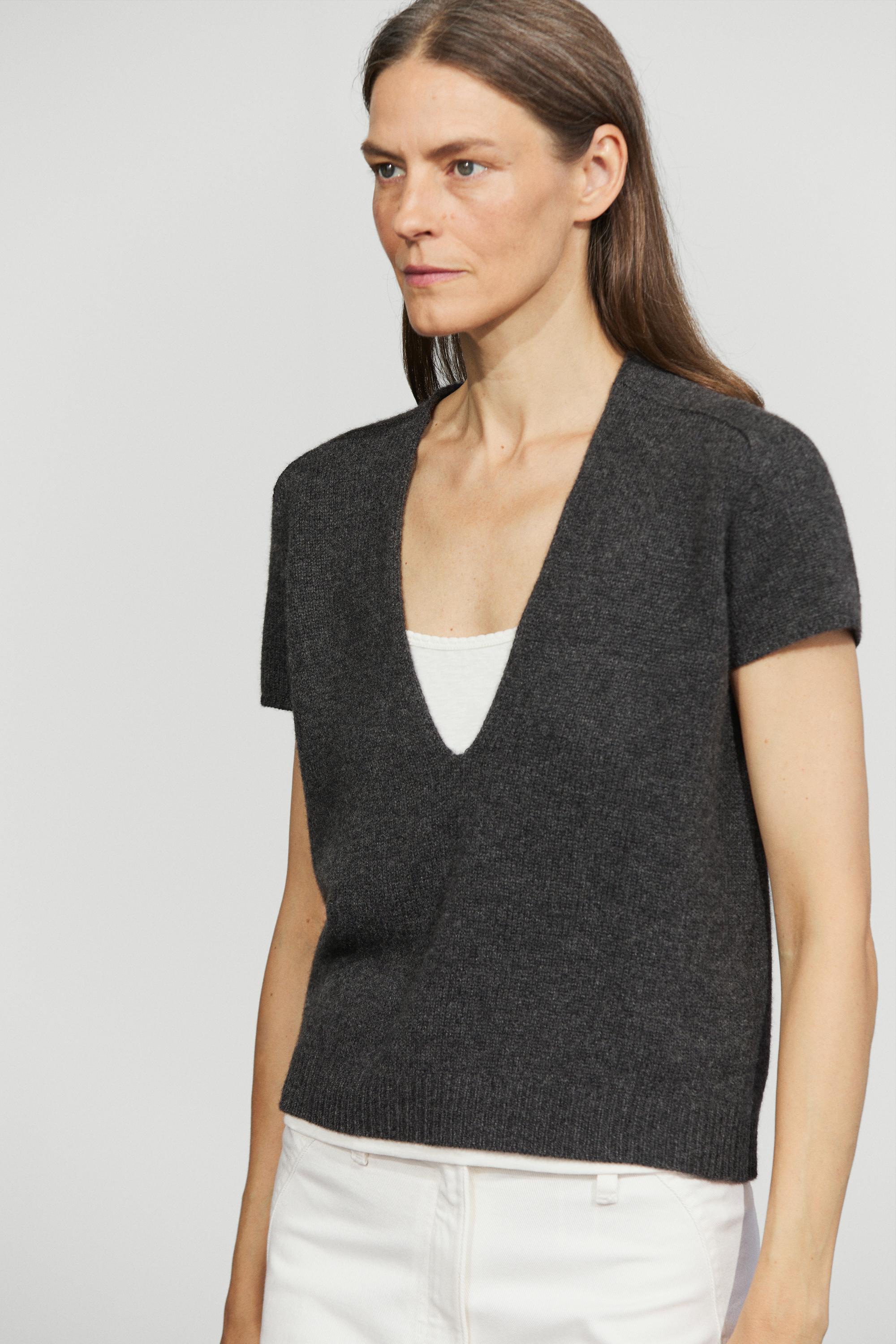100% cashmere knit short sleeve sweater - ANTHRACITE GREY