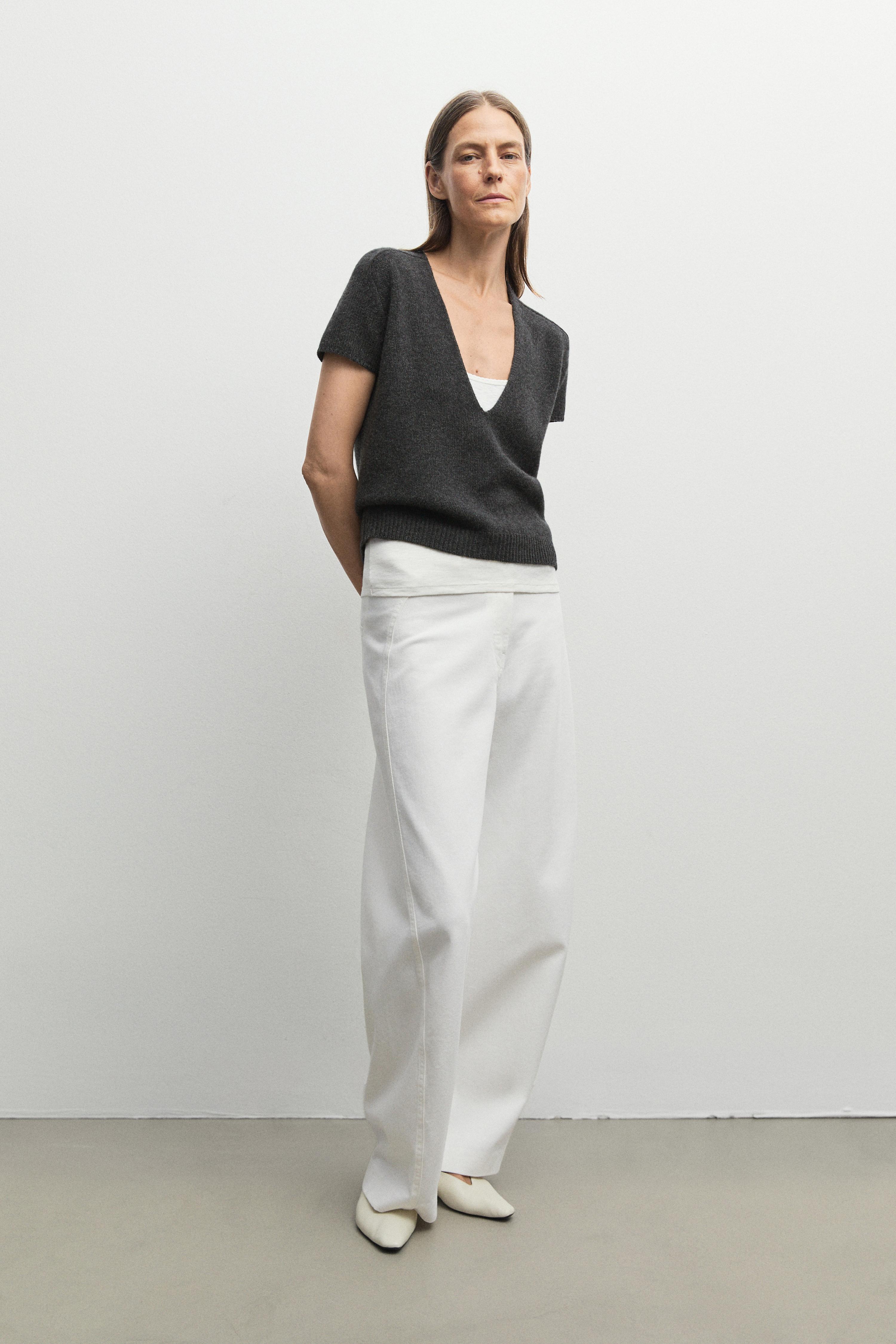 100% cashmere knit short sleeve sweater - ANTHRACITE GREY