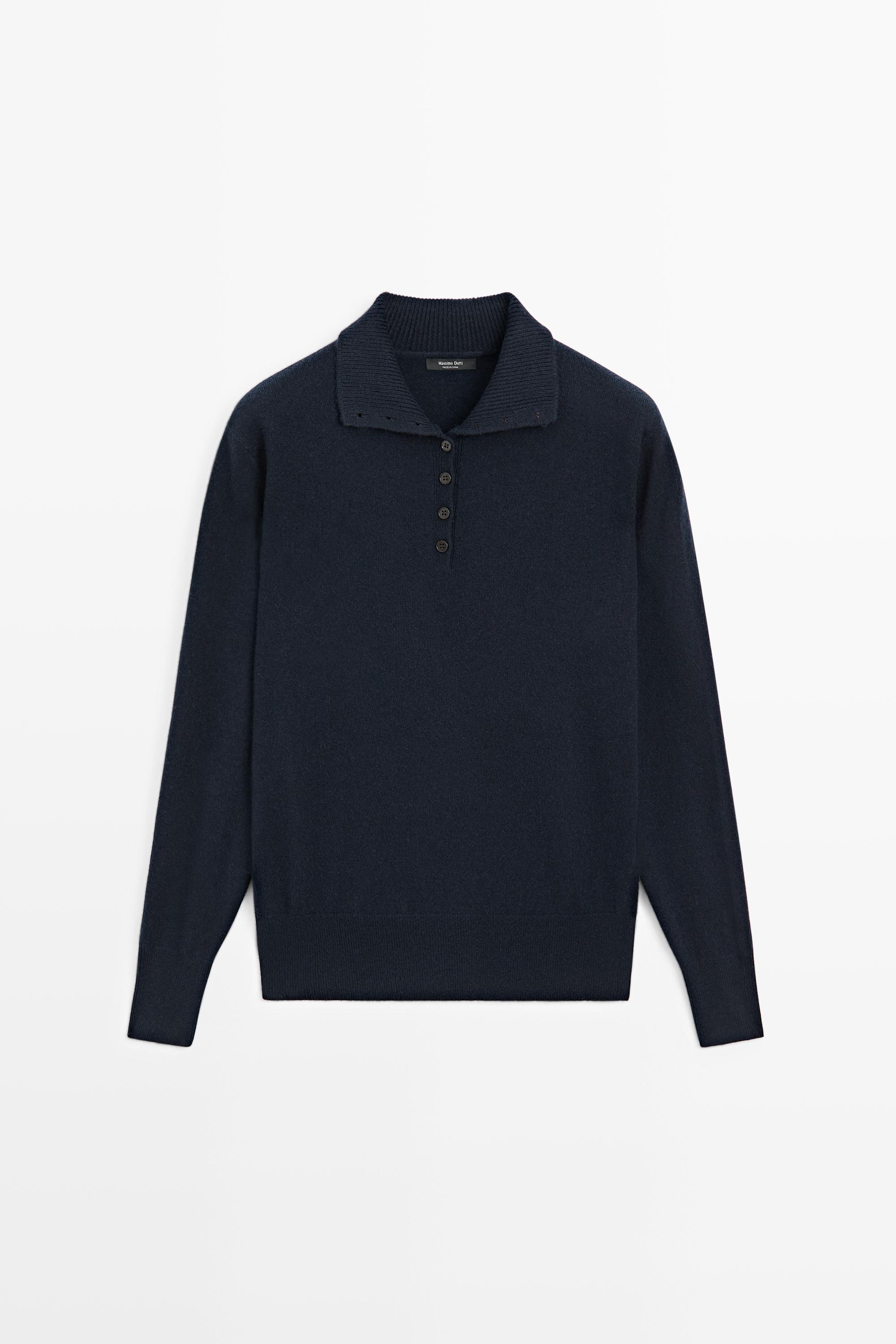 High neck knit sweater with button detail - NAVY BLUE
