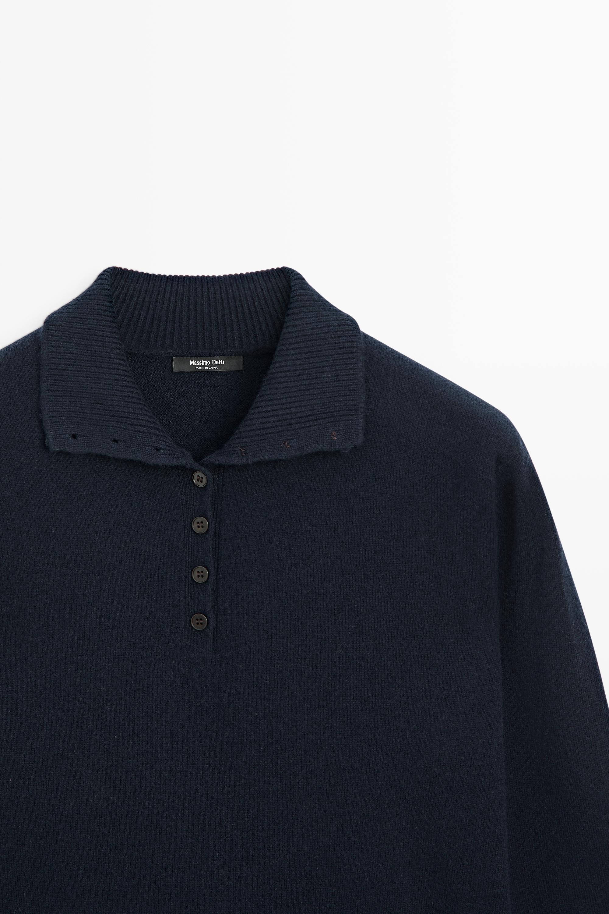 High neck knit sweater with button detail - NAVY BLUE
