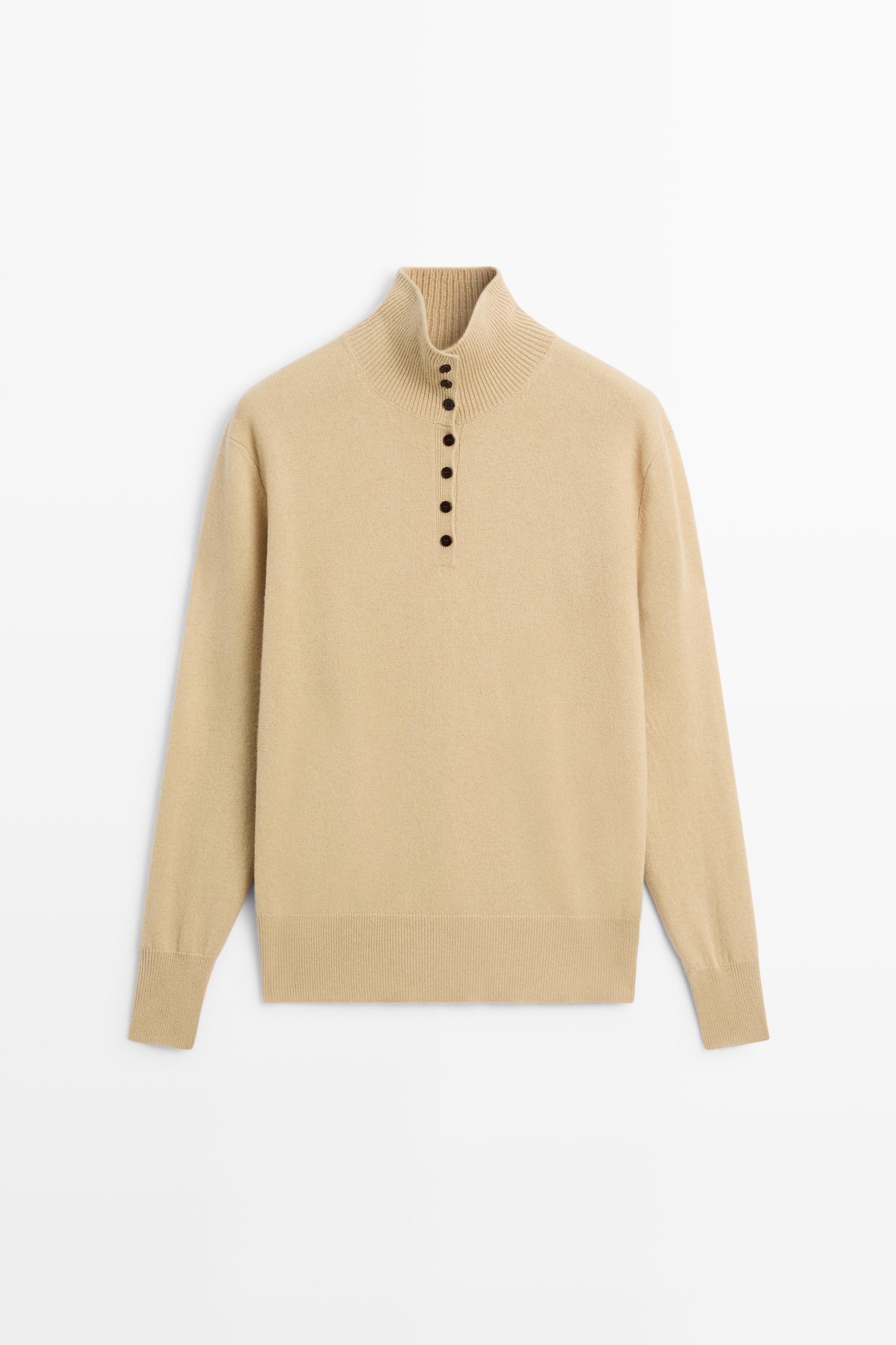 High neck knit sweater with button detail - CAMEL
