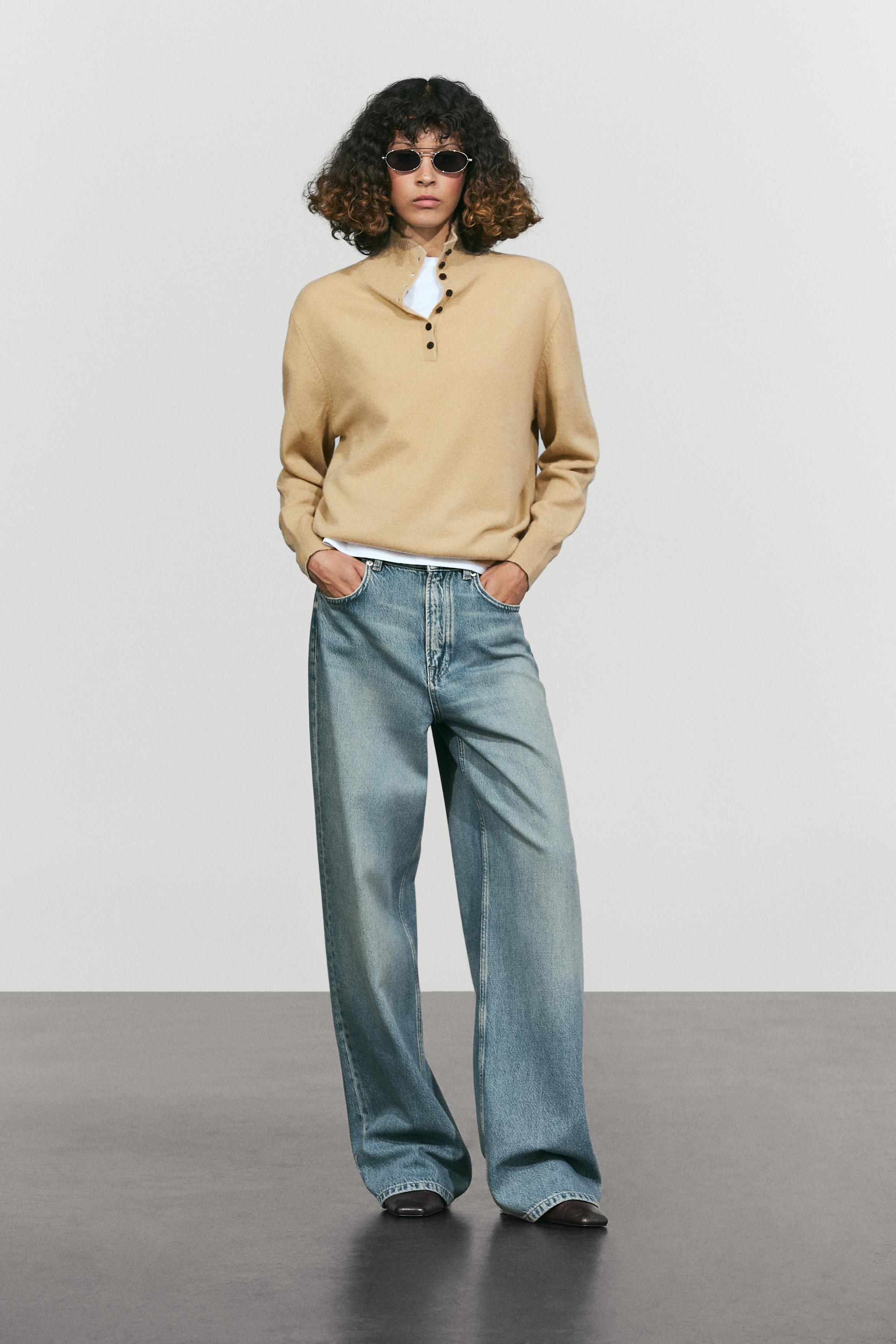 High neck knit sweater with button detail - CAMEL
