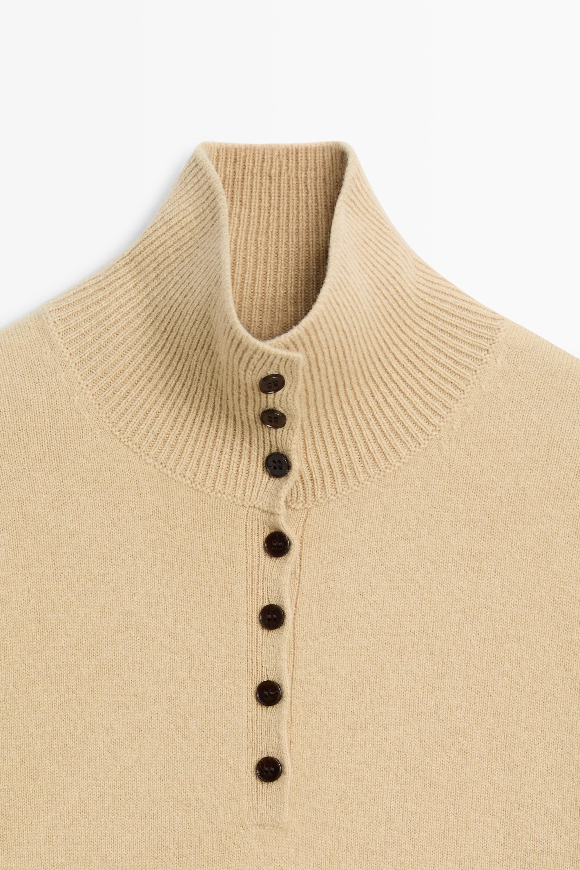 High neck knit sweater with button detail - CAMEL