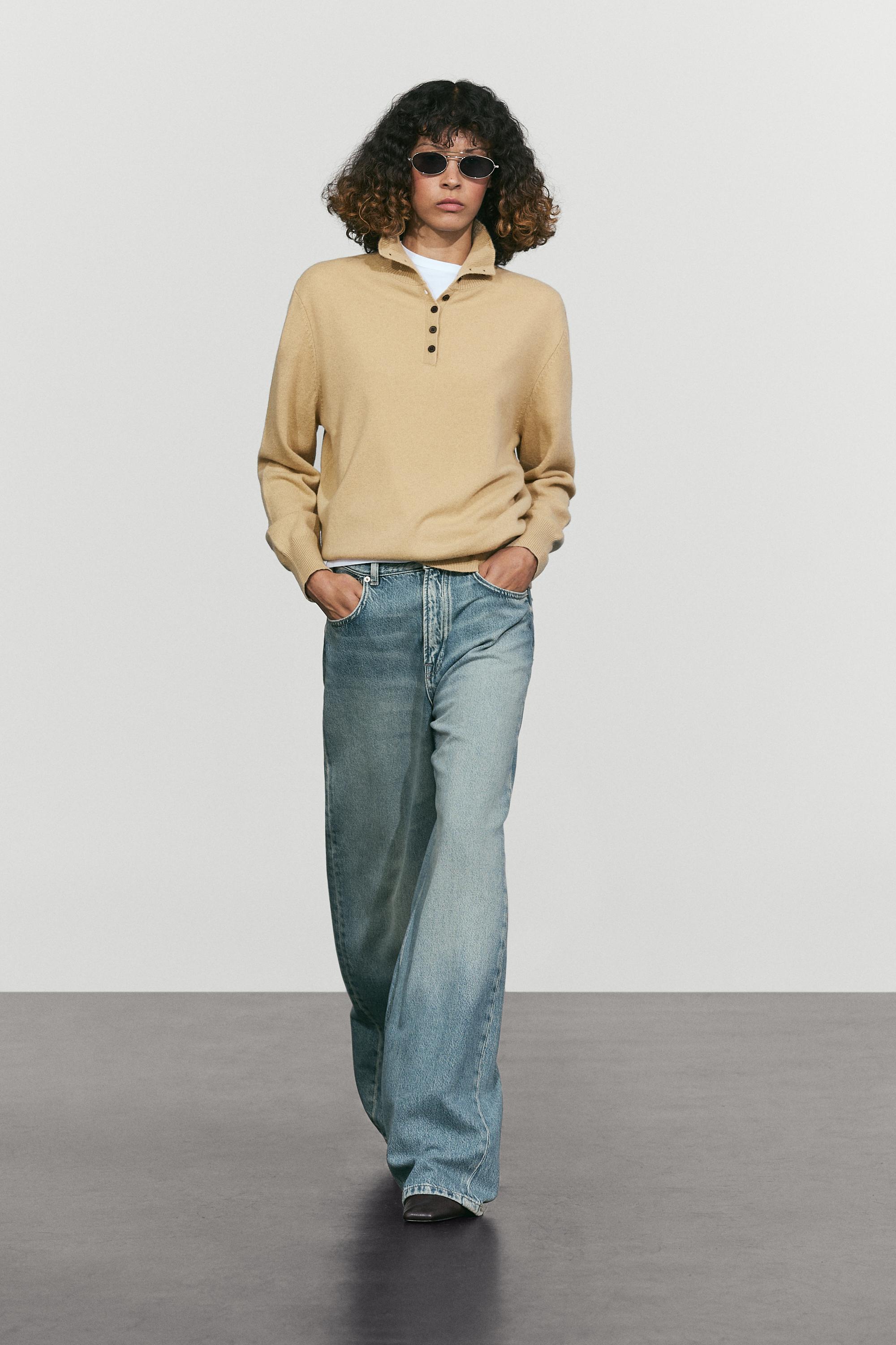 High neck knit sweater with button detail - CAMEL