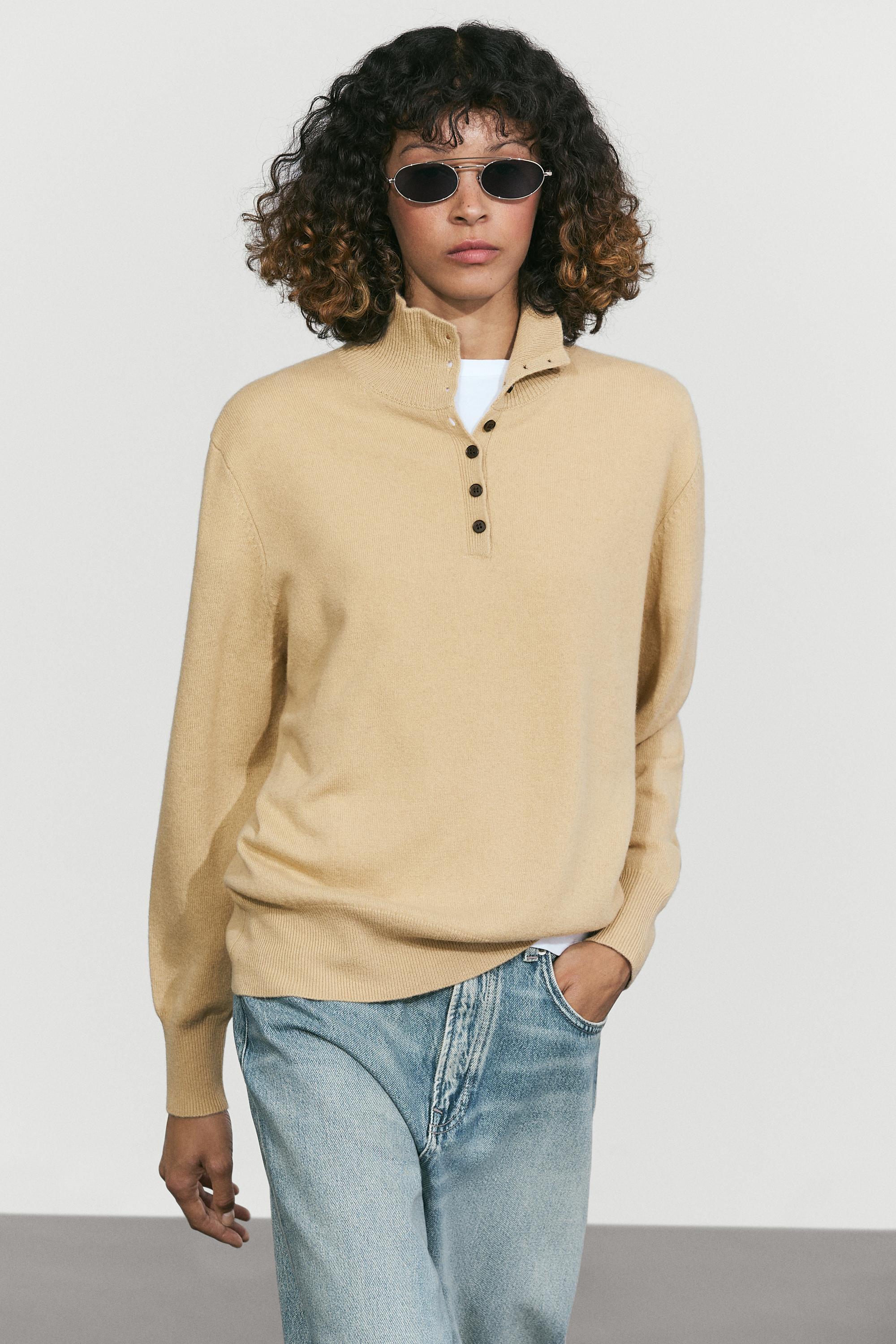 High neck knit sweater with button detail - CAMEL