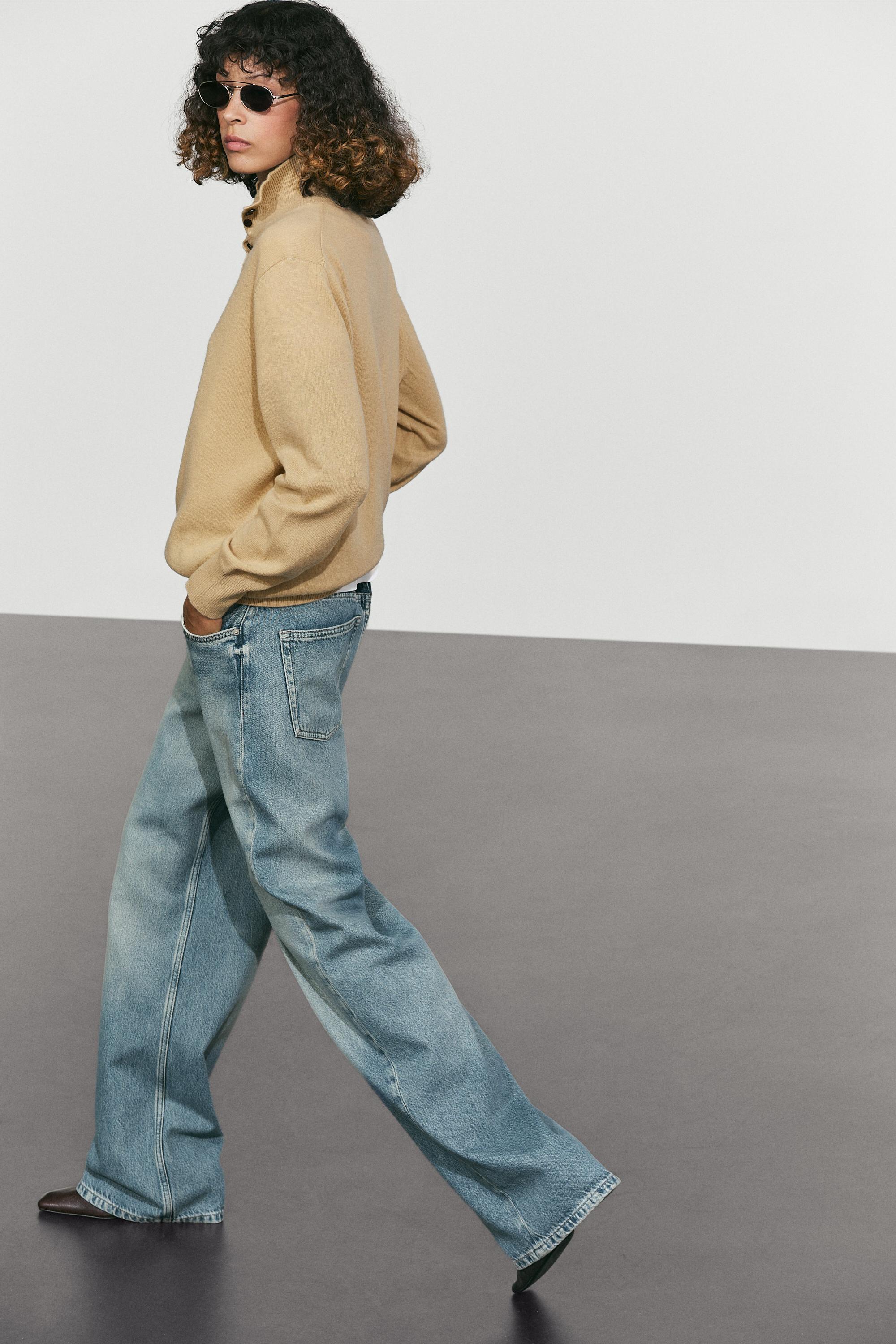 High neck knit sweater with button detail - CAMEL