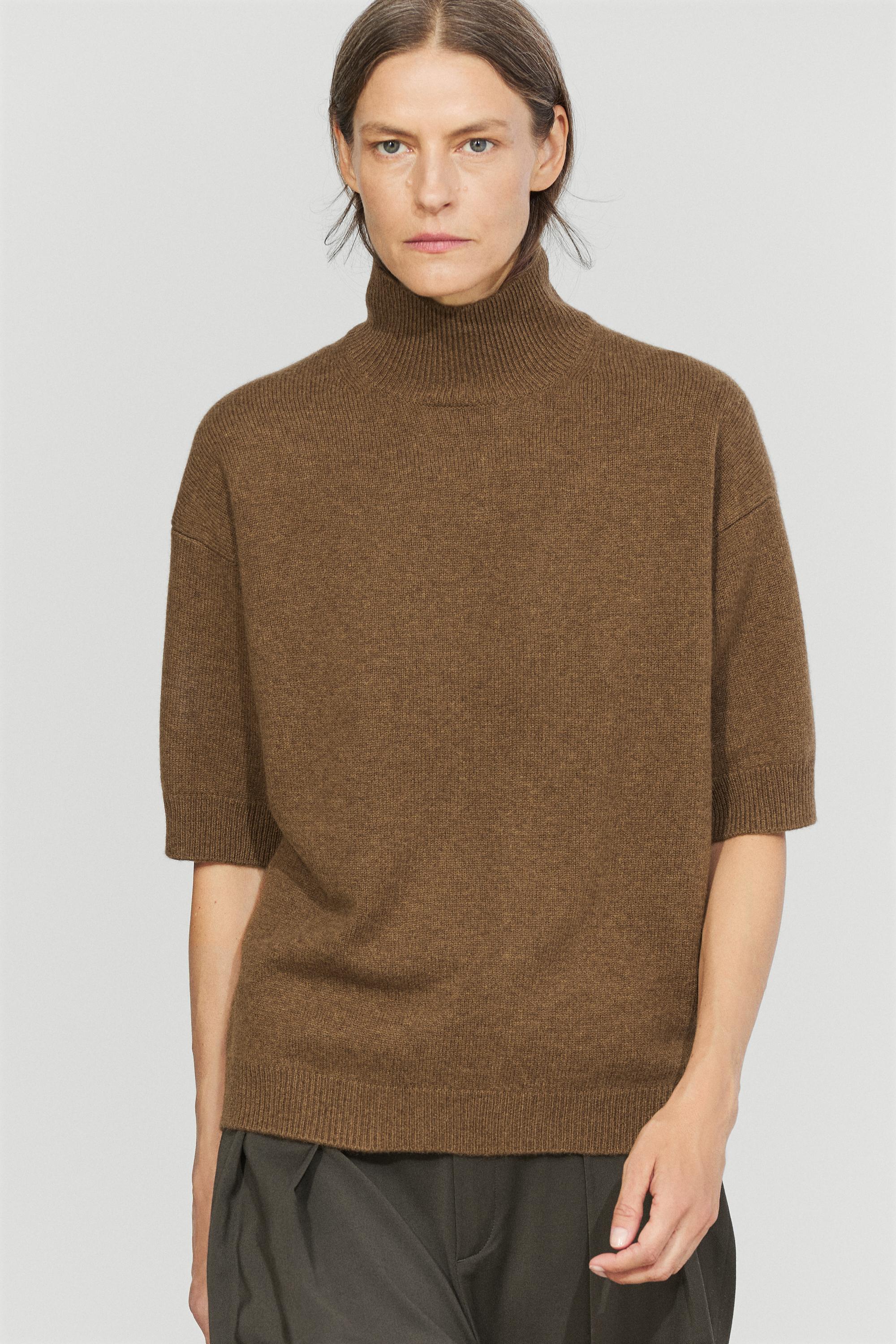 Wool-cashmere blend short sleeve knit sweater - BROWN MARL