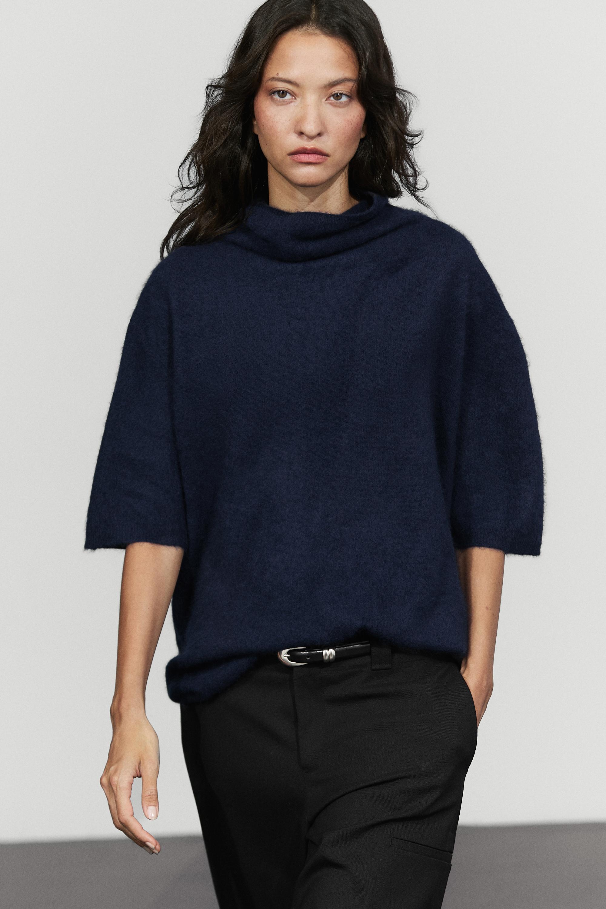100% wool oversize short-sleeve knit sweater - INK BLUE