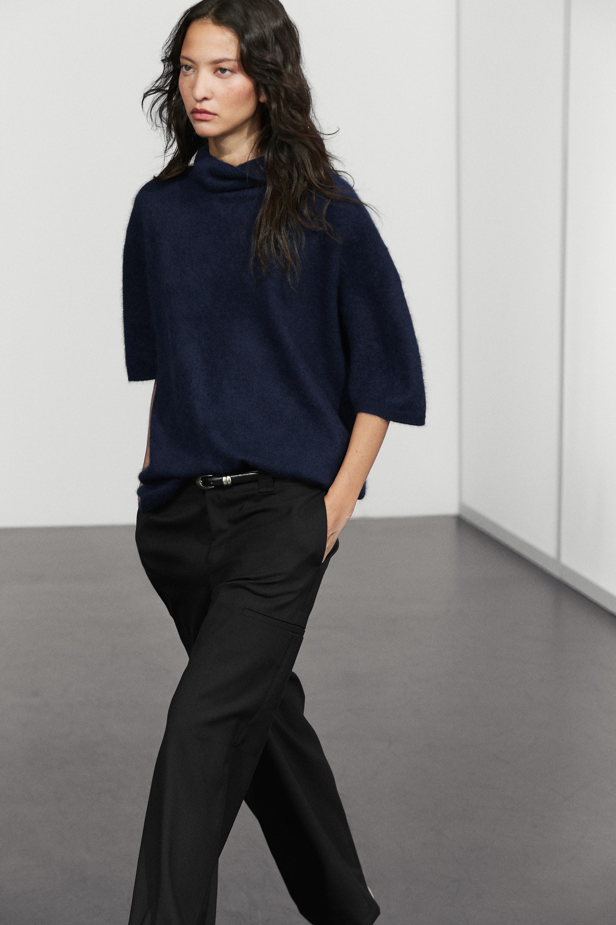100% wool oversize short-sleeve knit sweater - INK BLUE