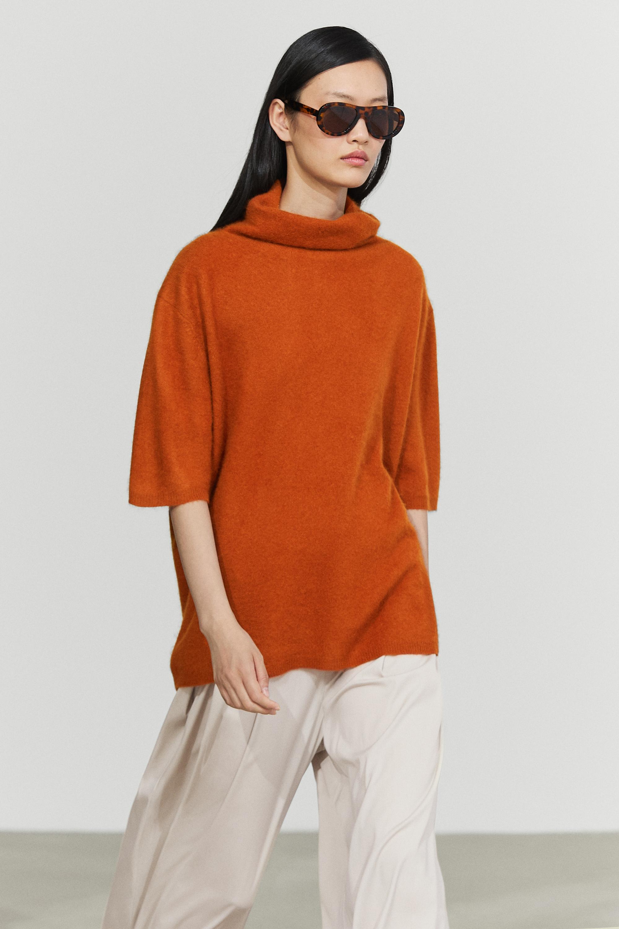 100% wool oversize short-sleeve knit sweater - BURNT ORANGE