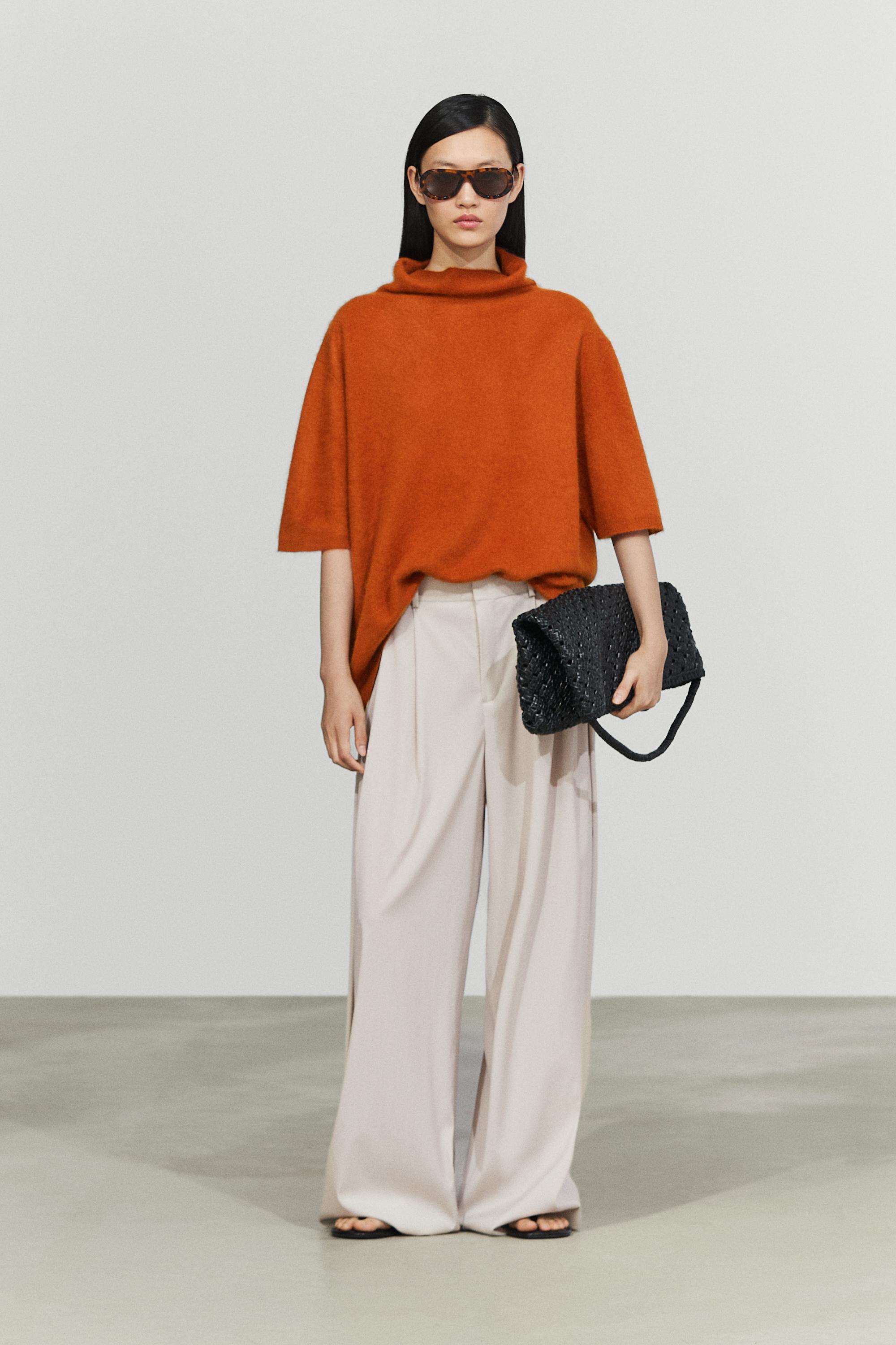 100% wool oversize short-sleeve knit sweater - BURNT ORANGE